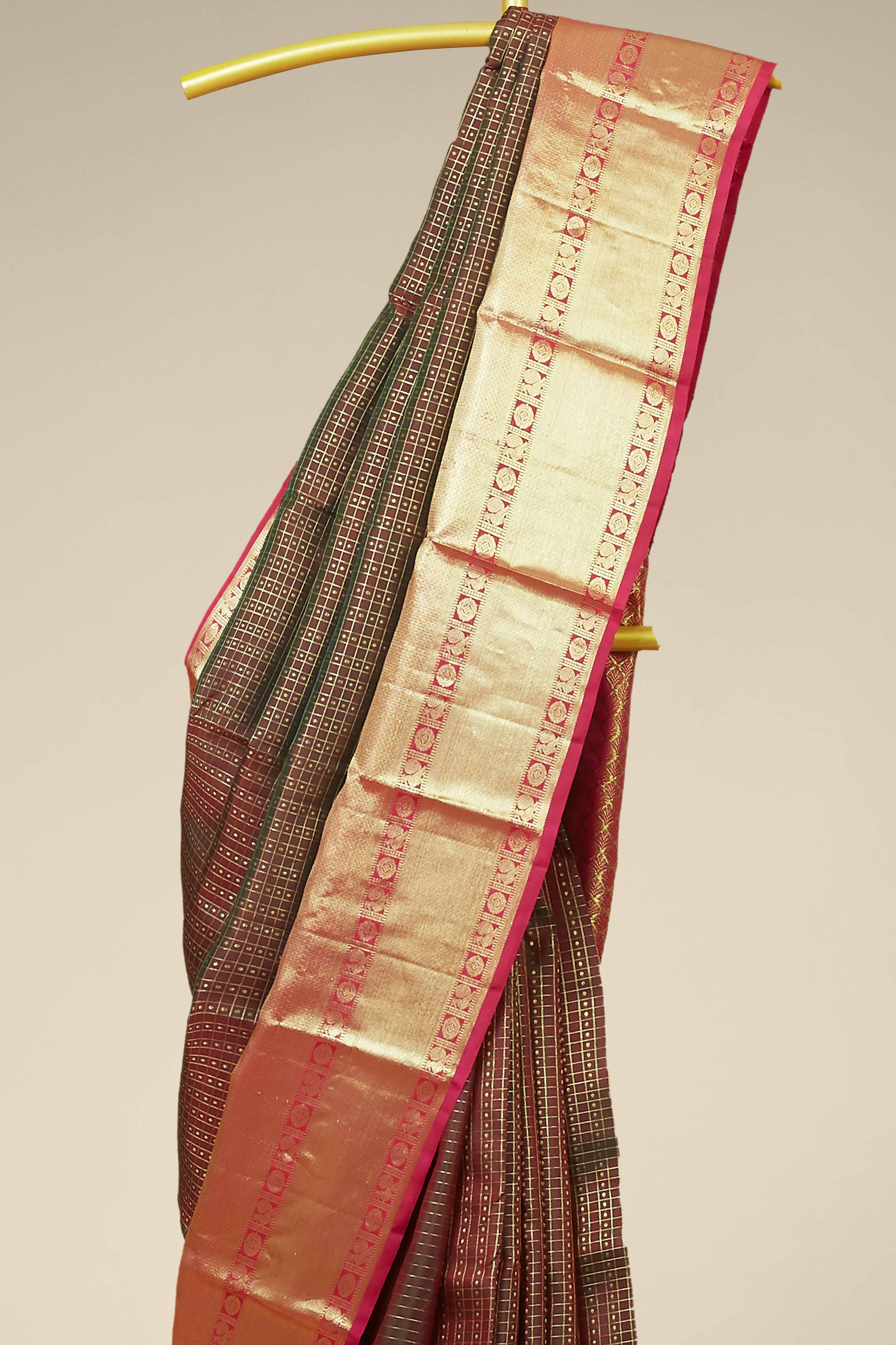 Kanchipuram Vairaoosi and Checks Silk Saree in Dark Coffee Brown with Contrast Crimson Red and Gold Zari Border