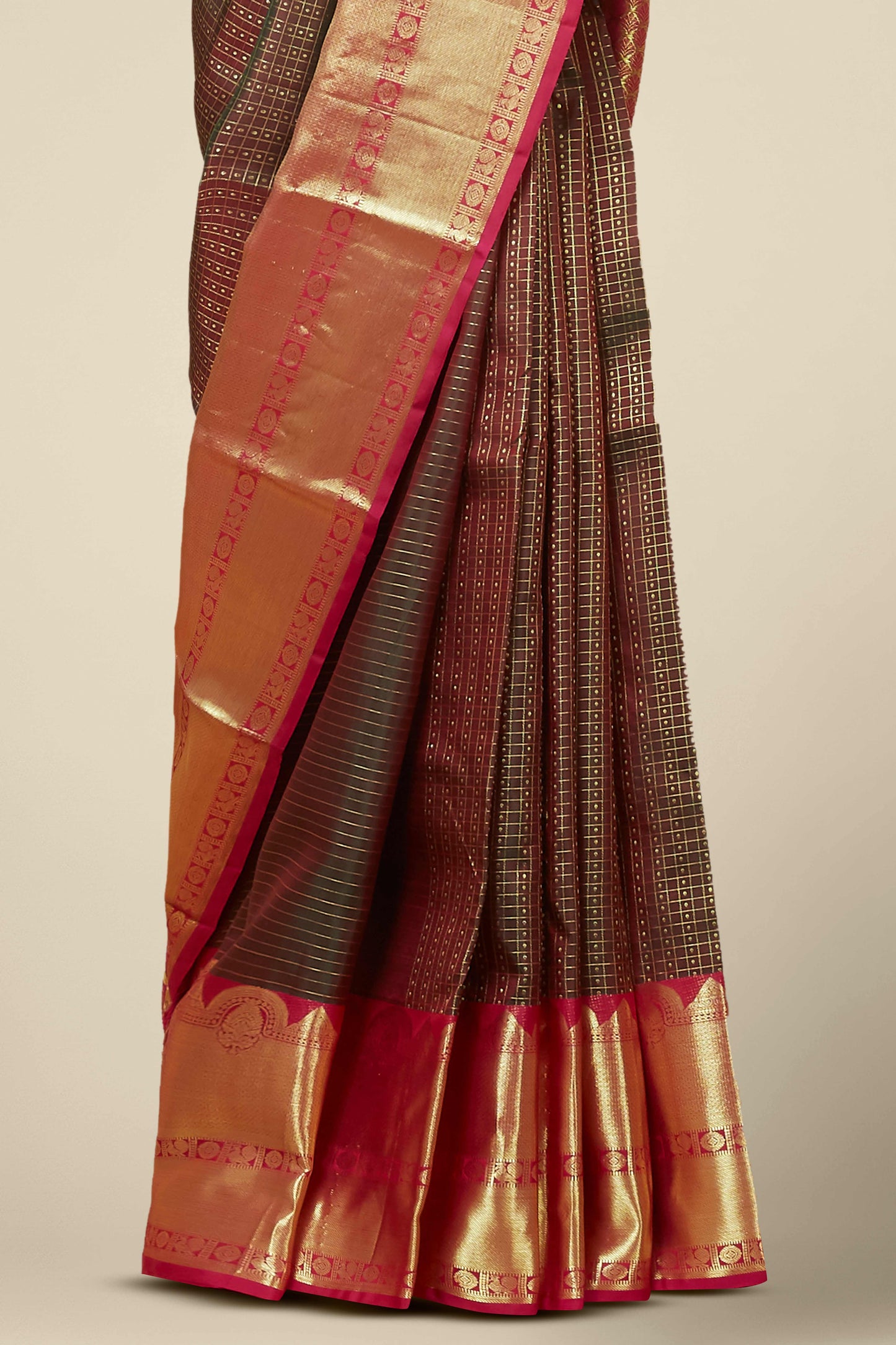 Kanchipuram Vairaoosi and Checks Silk Saree in Dark Coffee Brown with Contrast Crimson Red and Gold Zari Border