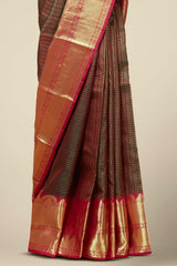 Kanchipuram Vairaoosi and Checks Silk Saree in Dark Coffee Brown with Contrast Crimson Red and Gold Zari Border