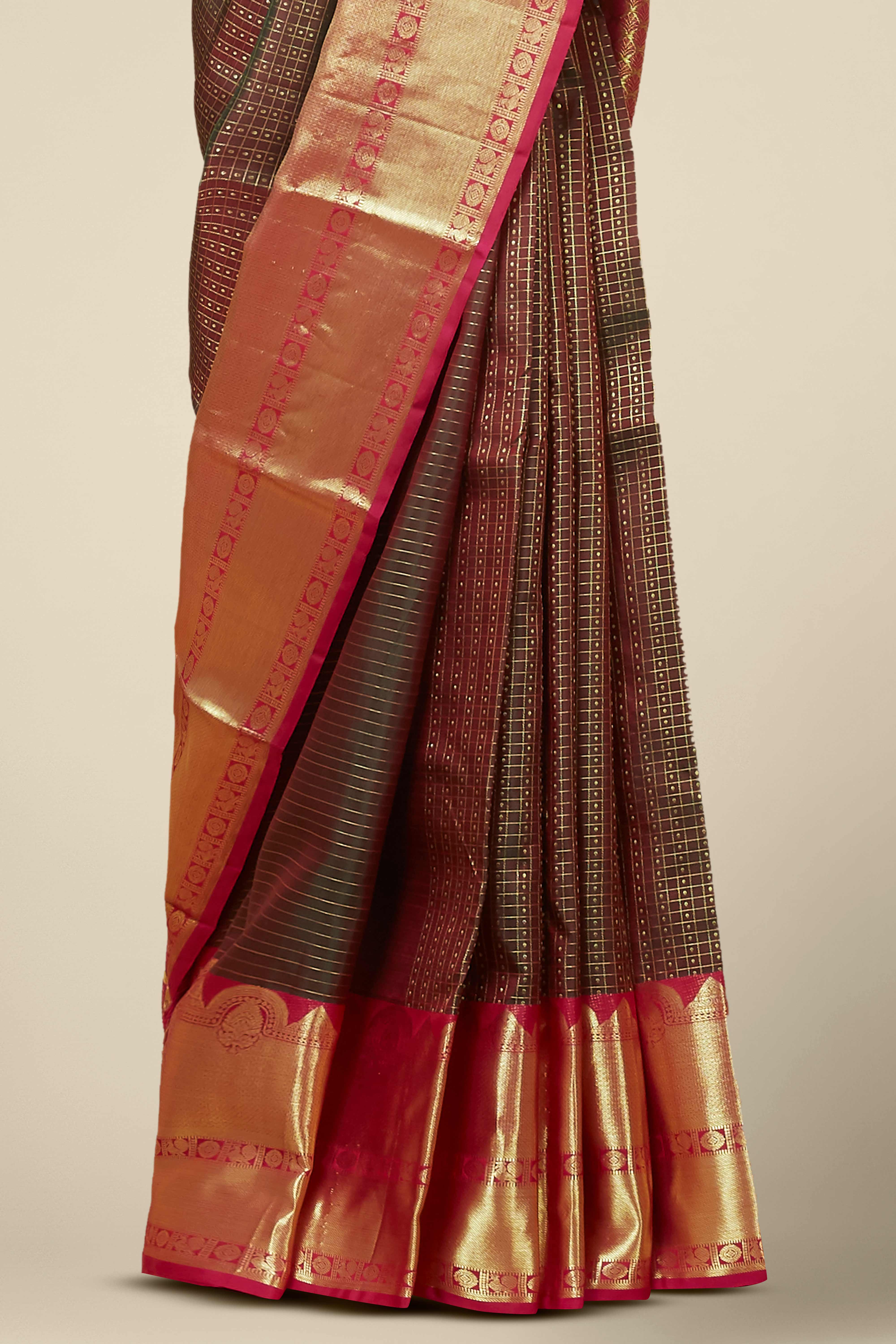 Kanchipuram Vairaoosi and Checks Silk Saree in Dark Coffee Brown with Contrast Crimson Red and Gold Zari Border