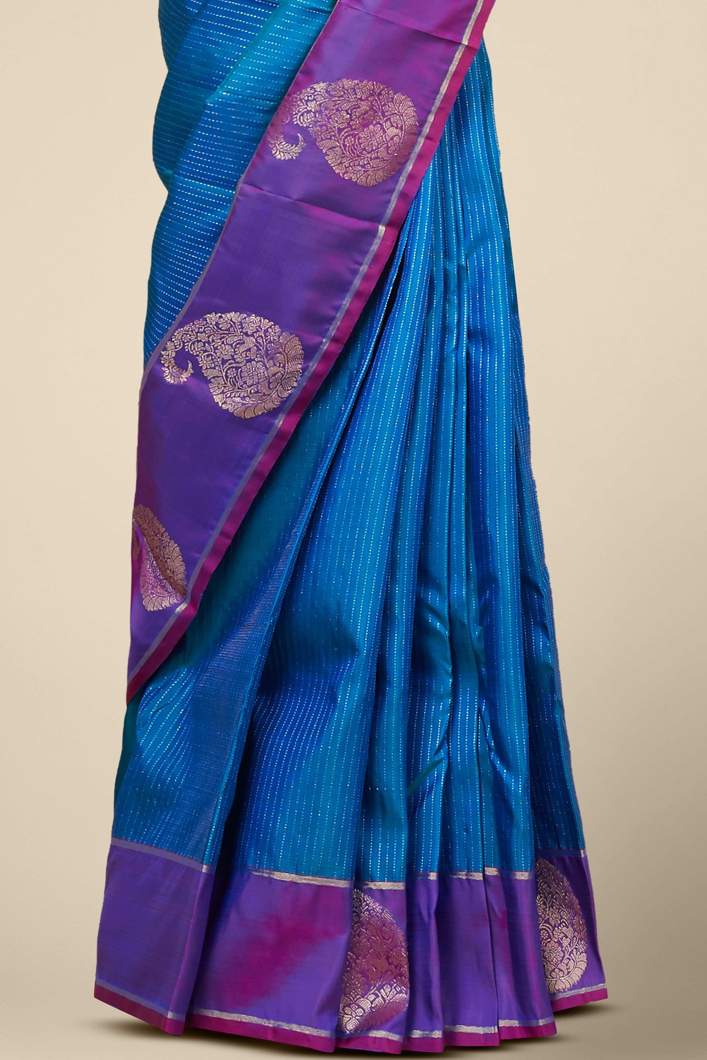 Kanchipuram Vairaoosi and Checks Silk Saree in Peacock Blue with Purple Border and Gold Zari Motifs