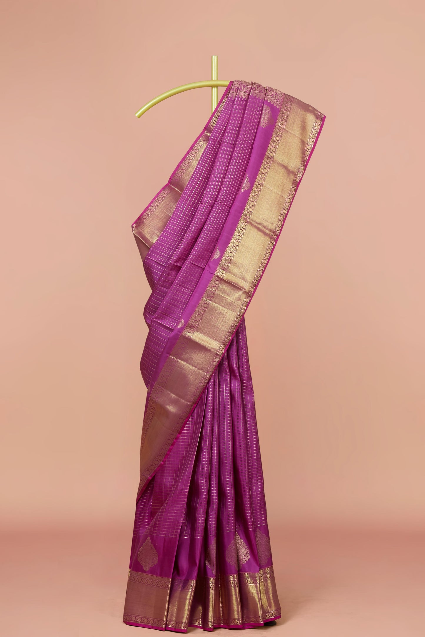 Kanchipuram Vairaoosi and Checks Silk Saree in Magenta Pink with Gold Zari and Self Border