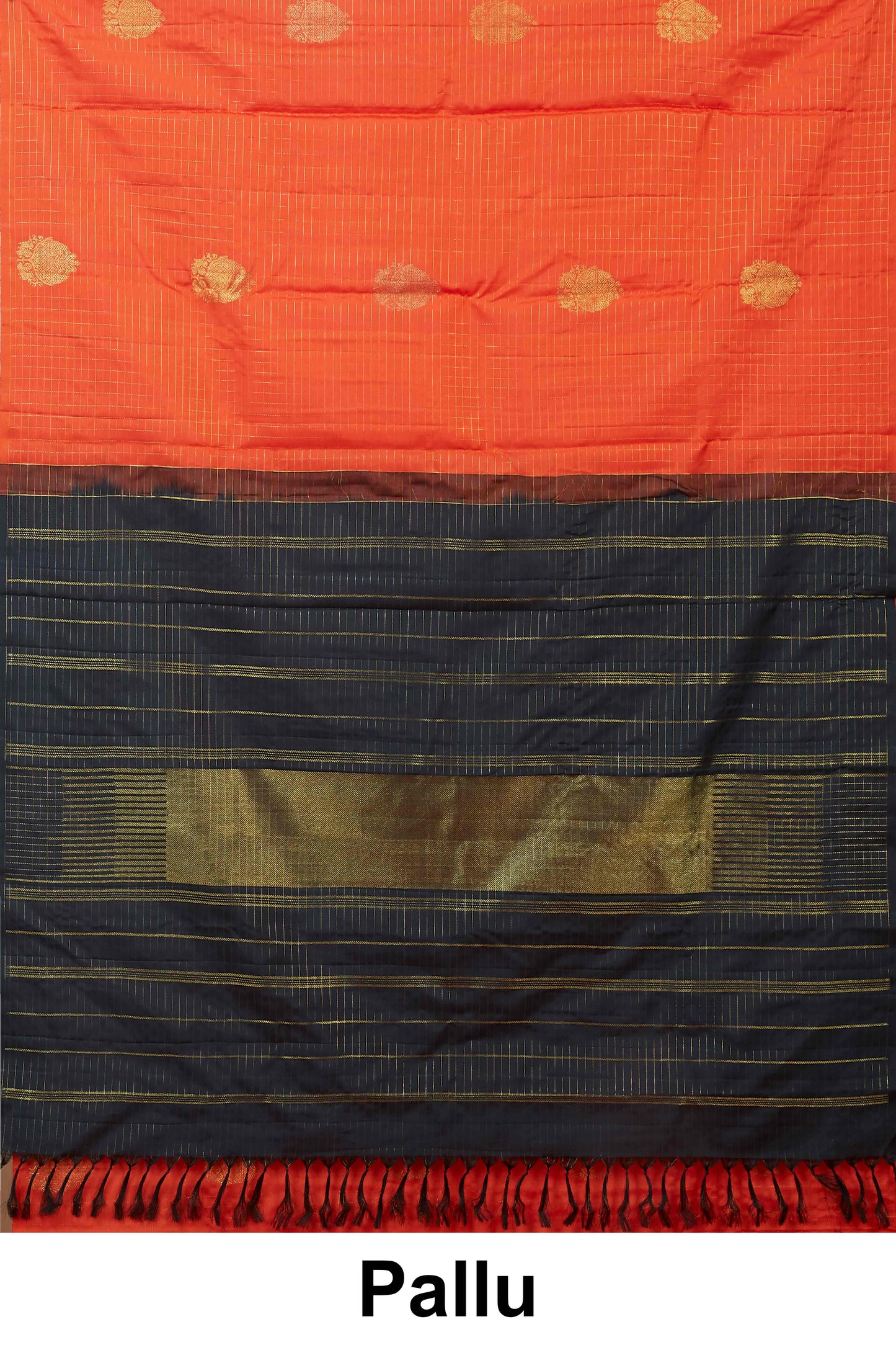 Kanchipuram Pure Silk Saree in Coral Orange with Gold Zari Buttas and Self Checks, Borderless Style