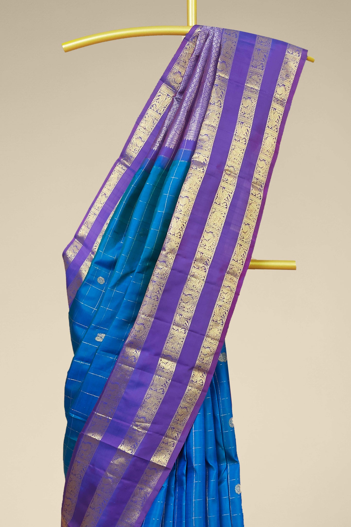 Kanchipuram Vairaoosi and Checks Silk Saree in Sapphire Blue with Purple Border and Gold Zari Stripes