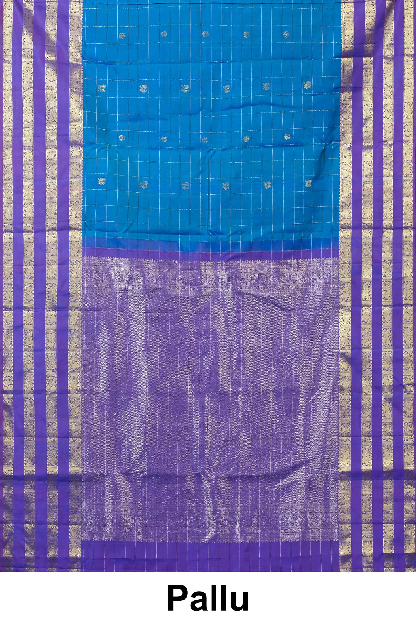 Kanchipuram Vairaoosi and Checks Silk Saree in Sapphire Blue with Purple Border and Gold Zari Stripes