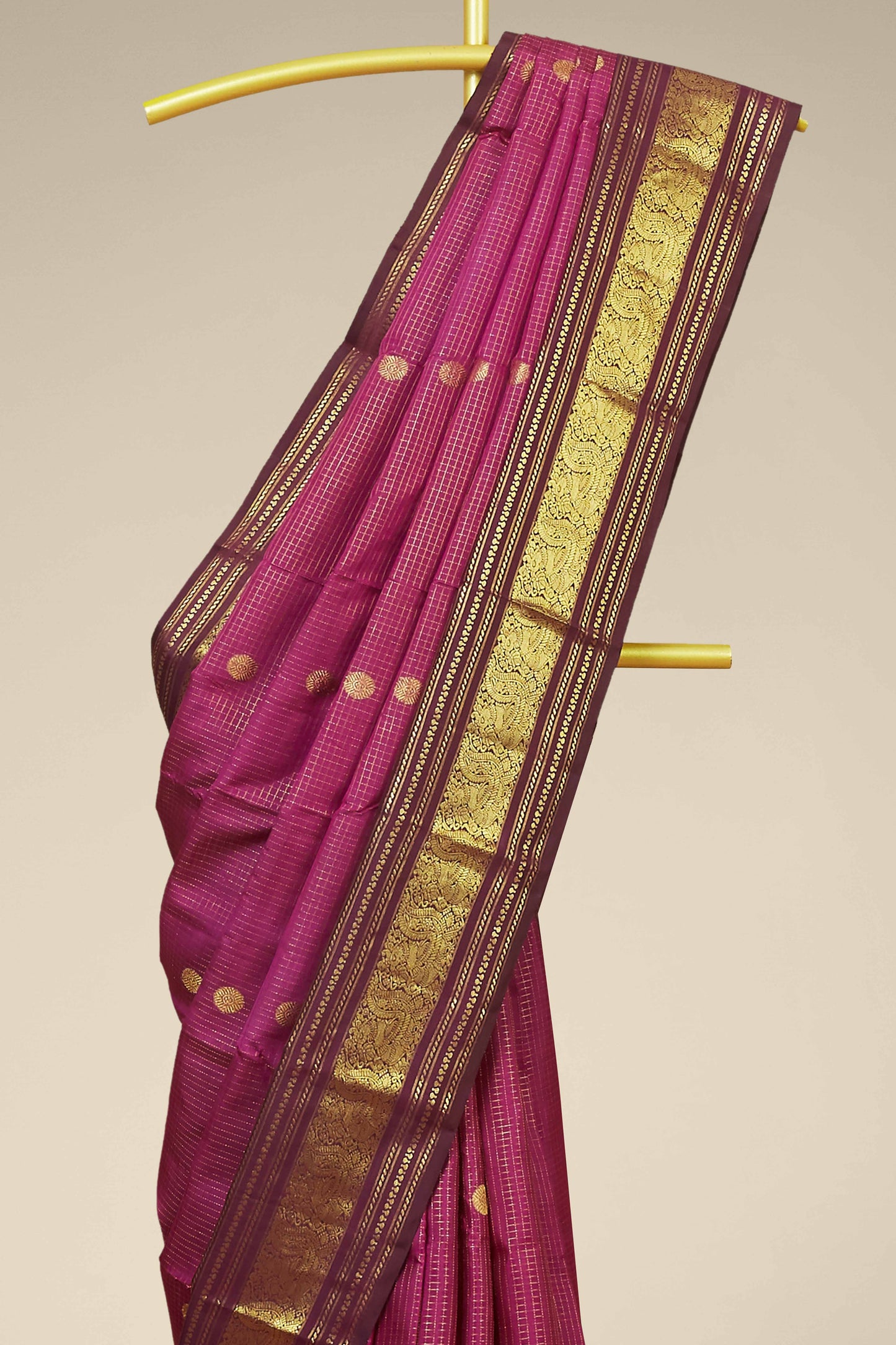 Kanchipuram Vairaoosi and Checks Silk Saree in Wine with Contrast Olive Zari Border