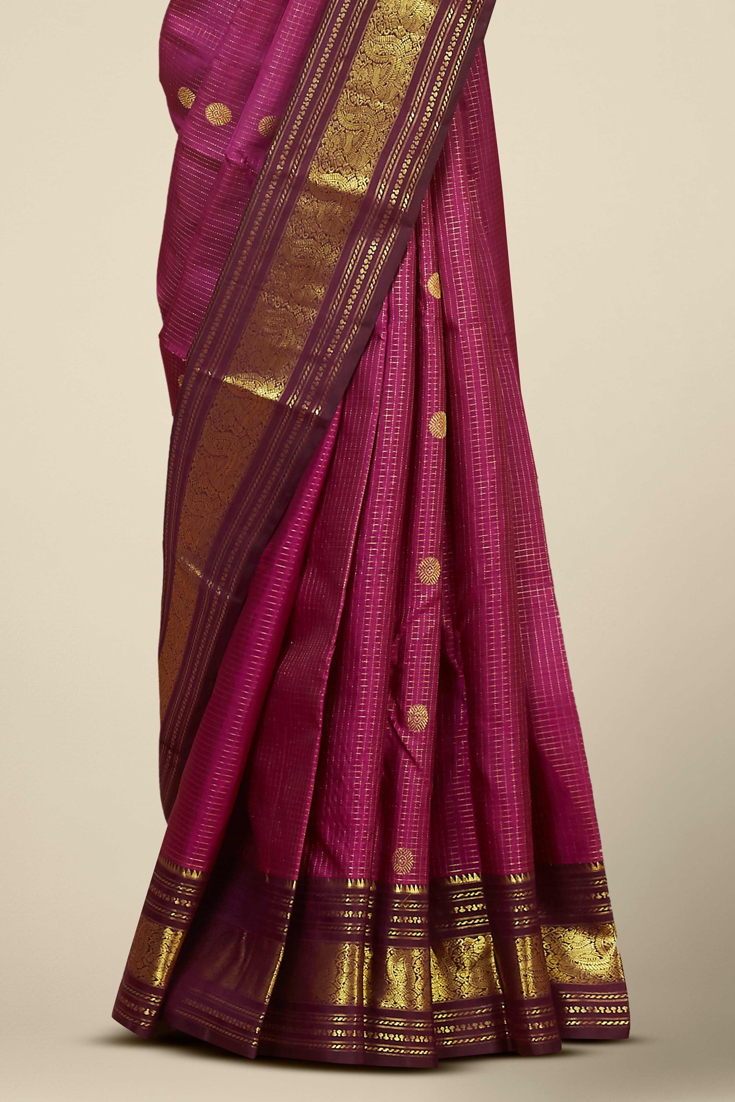 Kanchipuram Vairaoosi and Checks Silk Saree in Wine with Contrast Olive Zari Border