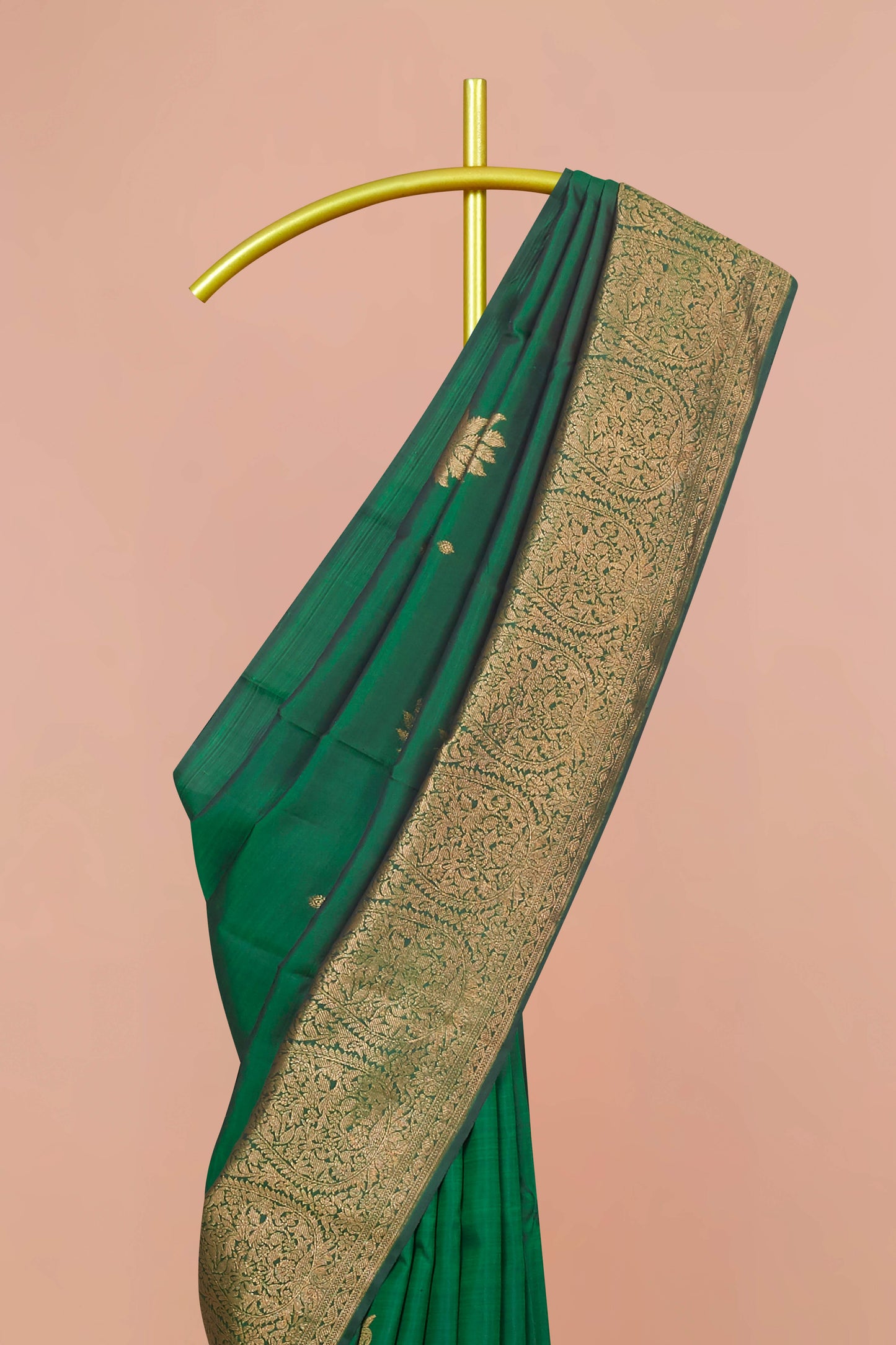Emerald Green Kanchipuram Silk Saree with Golden Zari Buttas and Intricate Border
