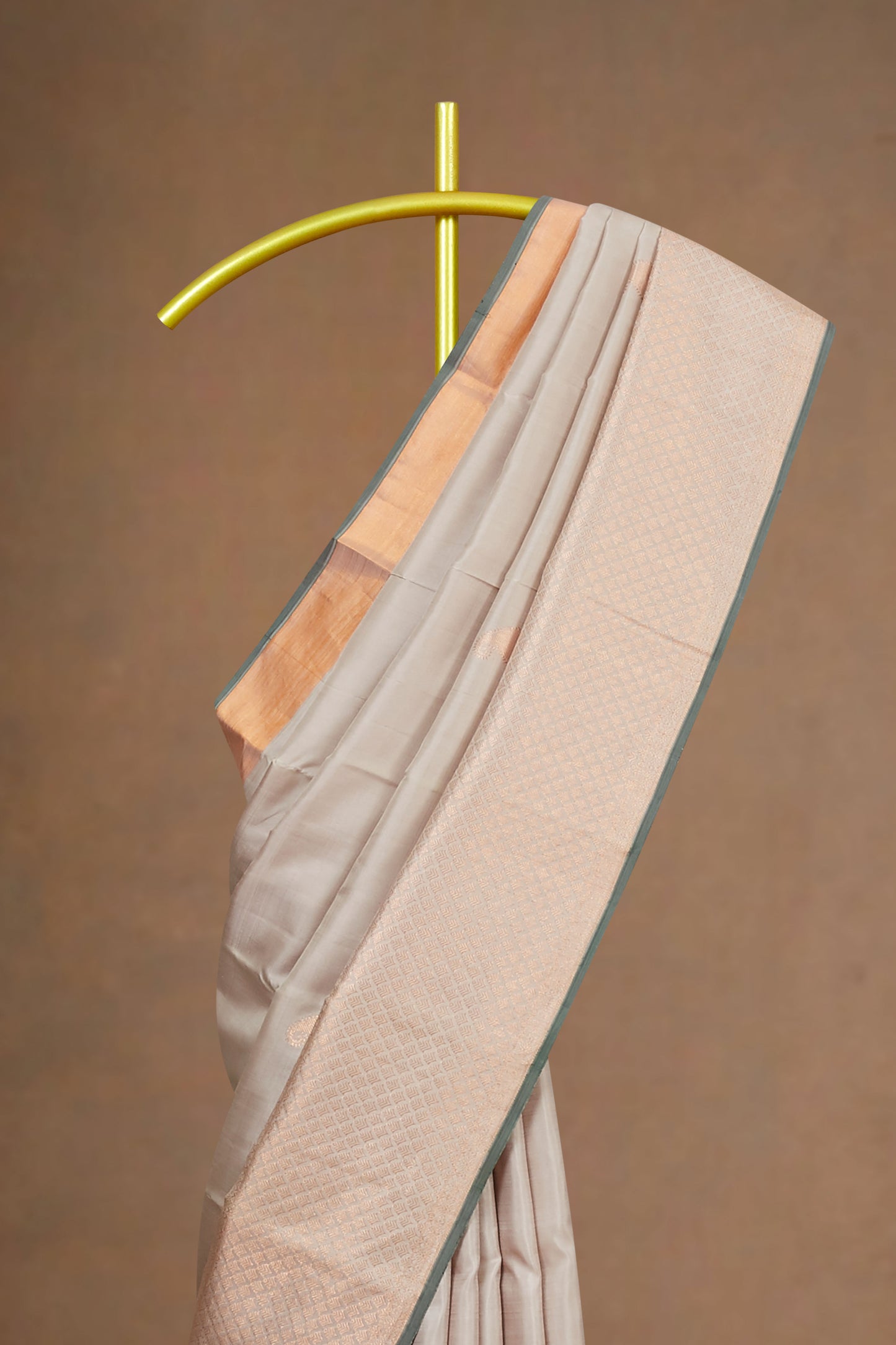 Pastel Grey Kanchipuram Silk Saree with Soft Peach Zari Border and Traditional Weave Pallu