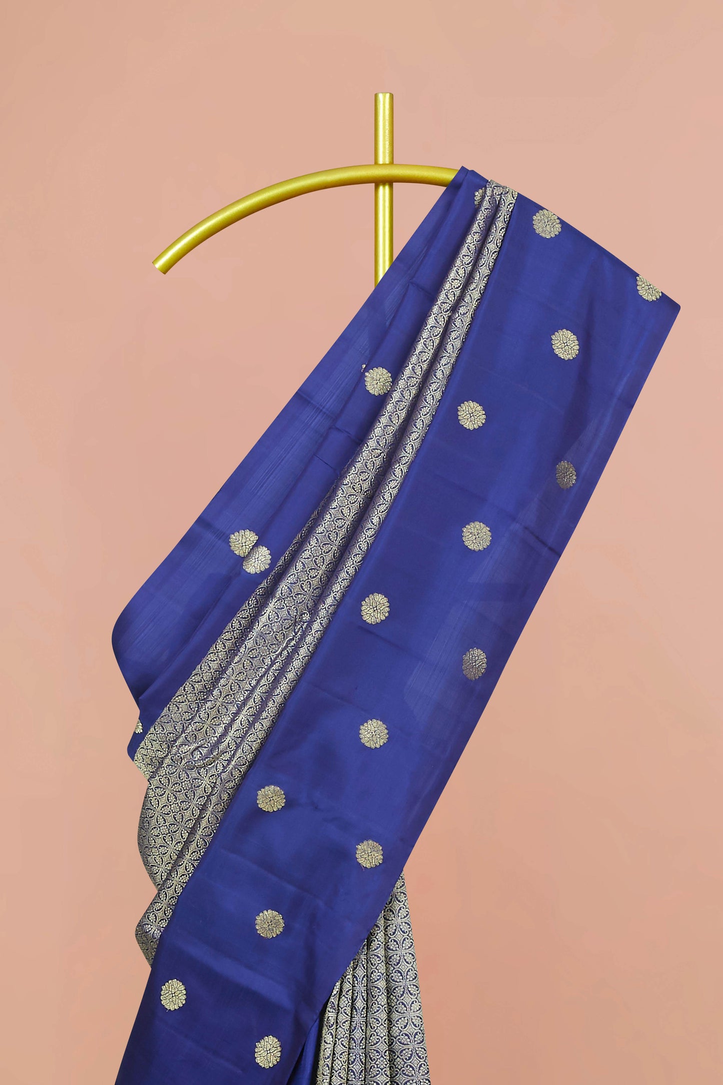 Royal Blue Kanchipuram Designer Silk Saree with Silver Zari Buttas and Intricate Fancy Border