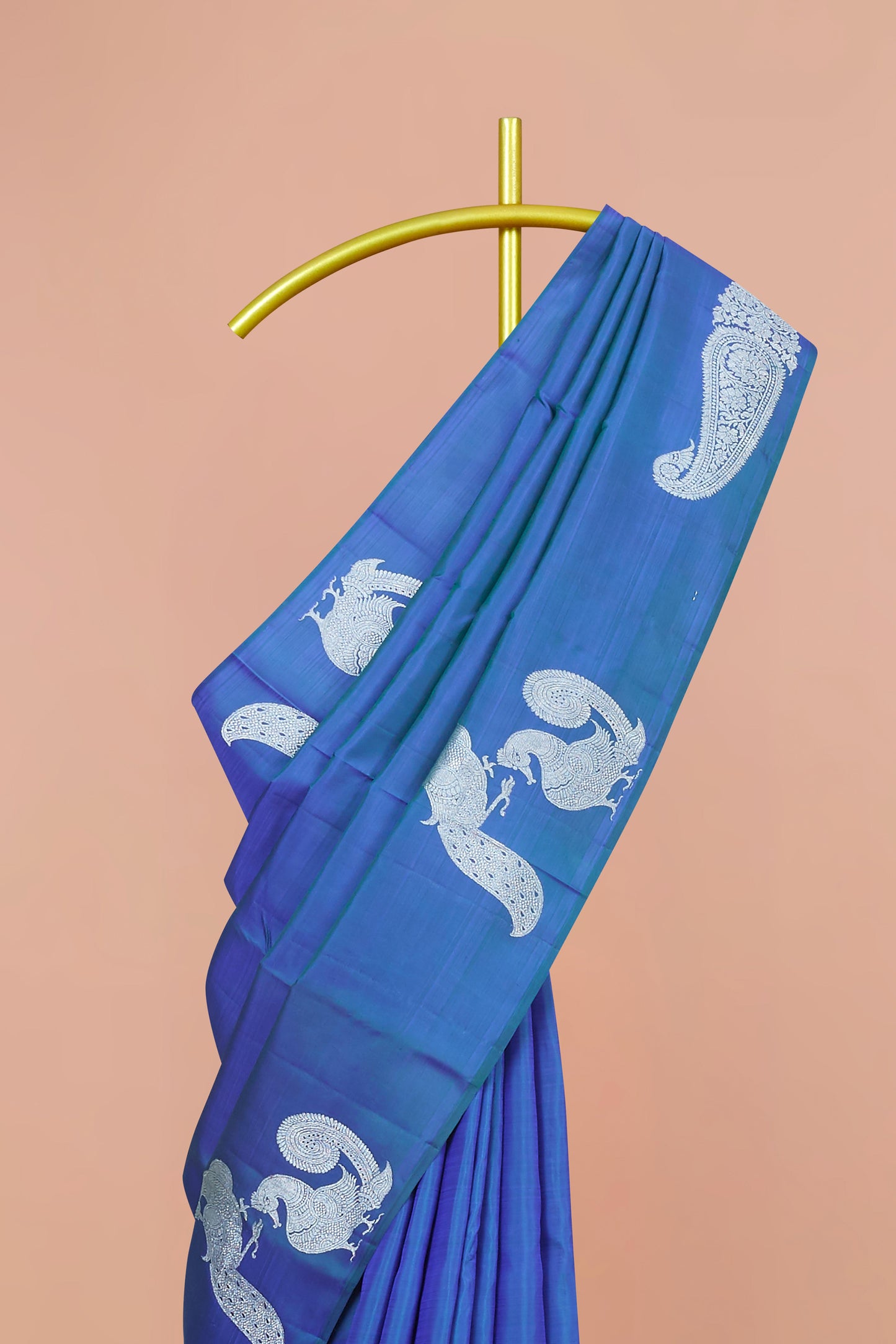 Royal Blue Kanchipuram Borderless Pure Silk Saree with Silver Paisley Buttas