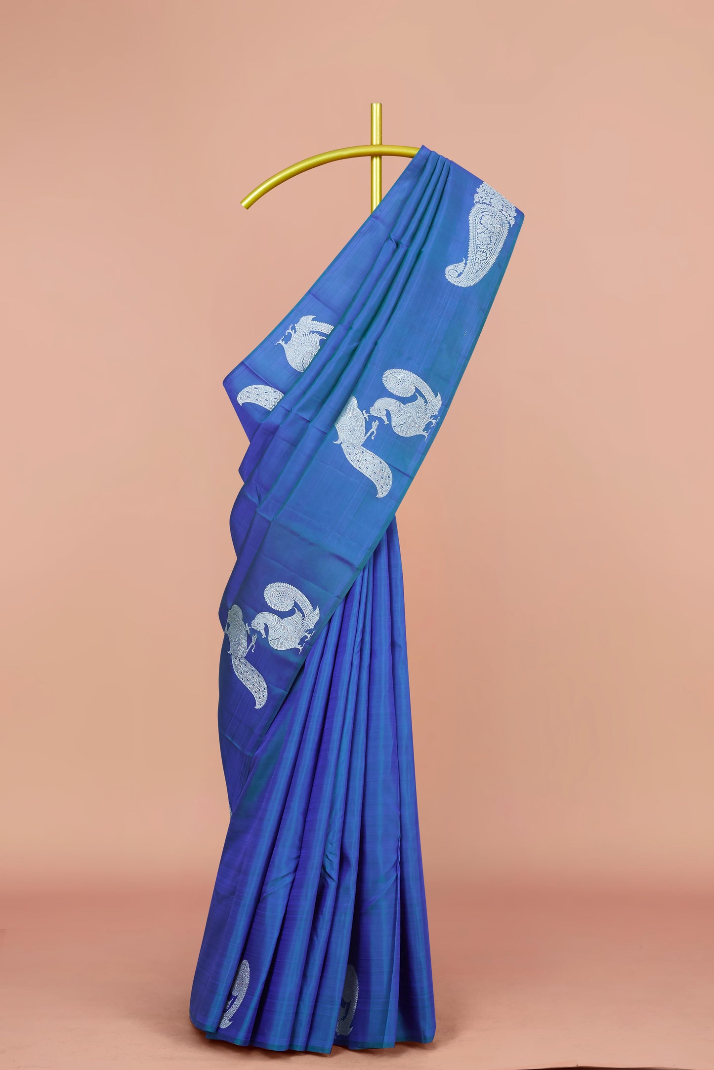 Royal Blue Kanchipuram Borderless Pure Silk Saree with Silver Paisley Buttas