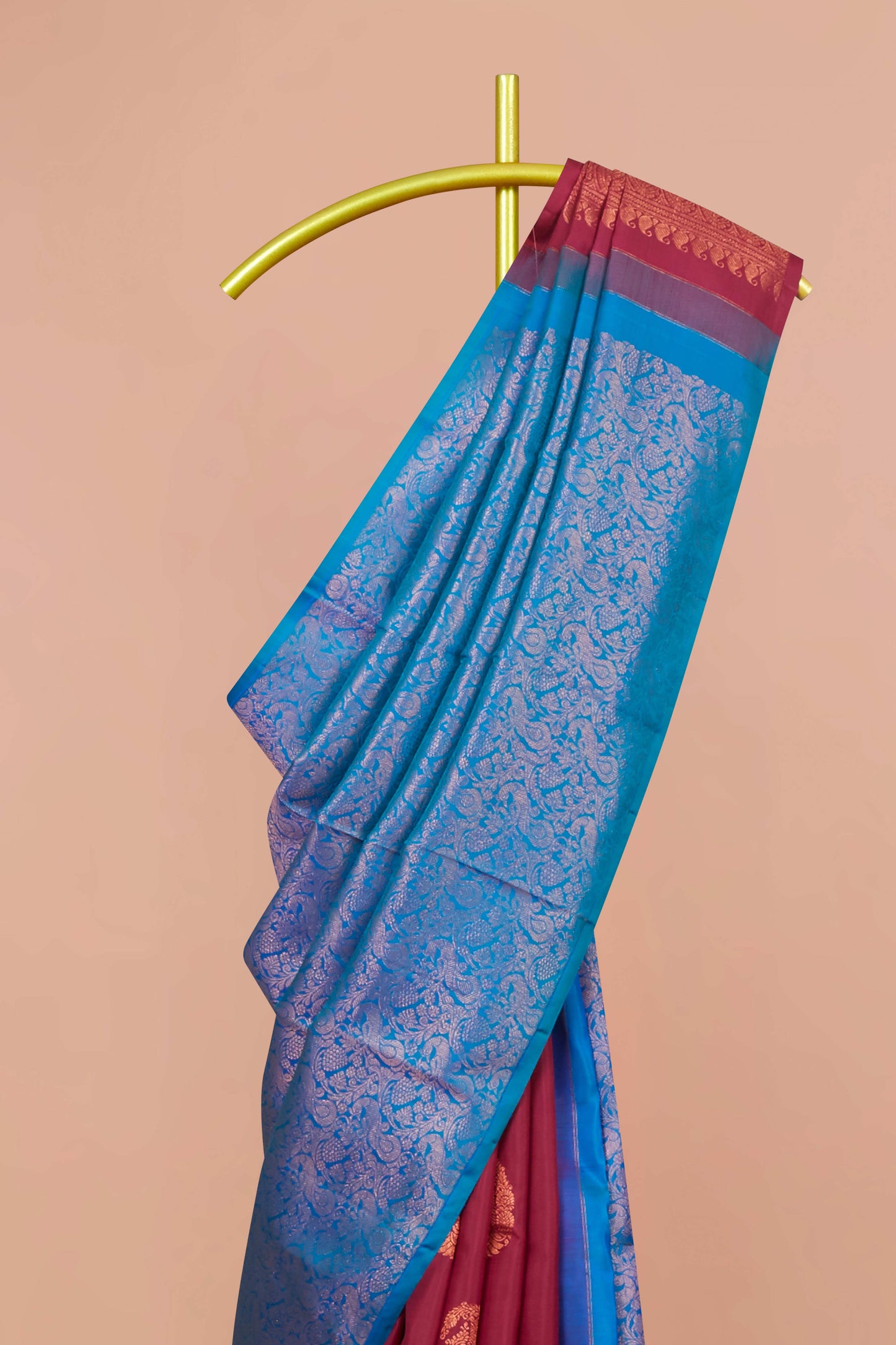 Royal Blue & Maroon Kanchipuram Borderless Pure Silk Saree with Zari Buttas and Fancy Border