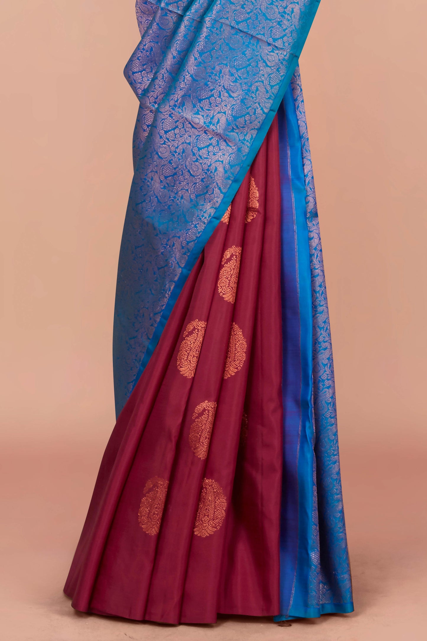 Royal Blue & Maroon Kanchipuram Borderless Pure Silk Saree with Zari Buttas and Fancy Border