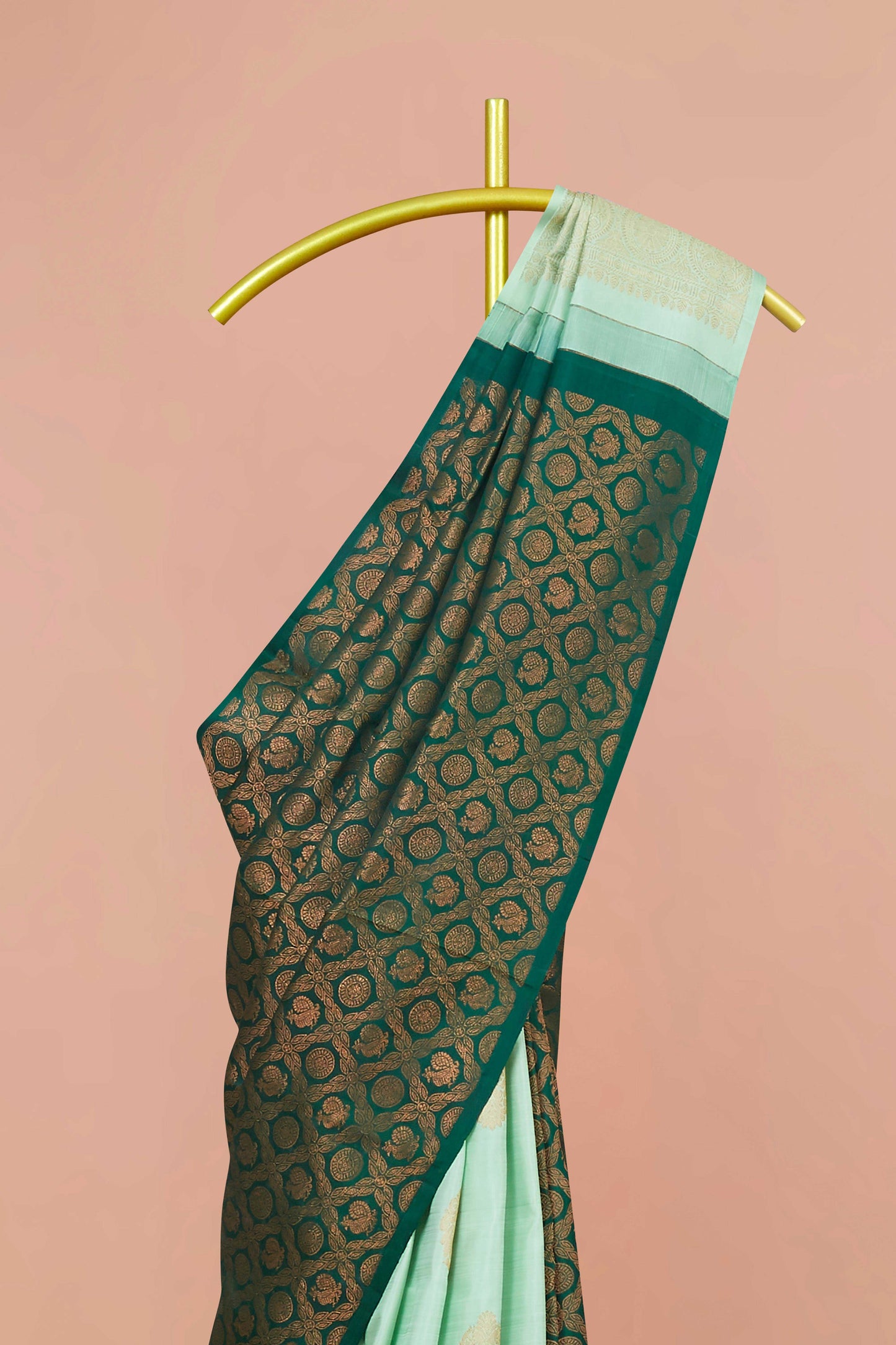 Sea Green & Dark Teal Checked Kanchipuram Borderless Pure Silk Saree with Zari Buttas