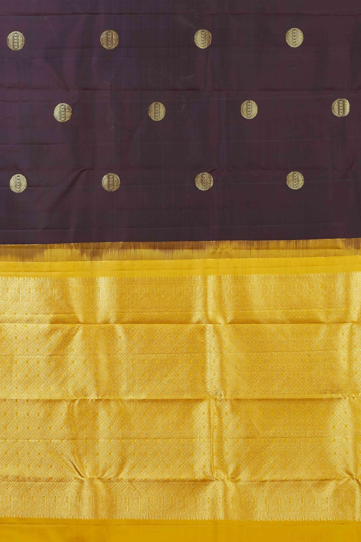 Deep Coffee Brown Borderless Kanchipuram Pure Silk Saree with Gold Round Zari Buttas and Contrasting Yellow Pallu
