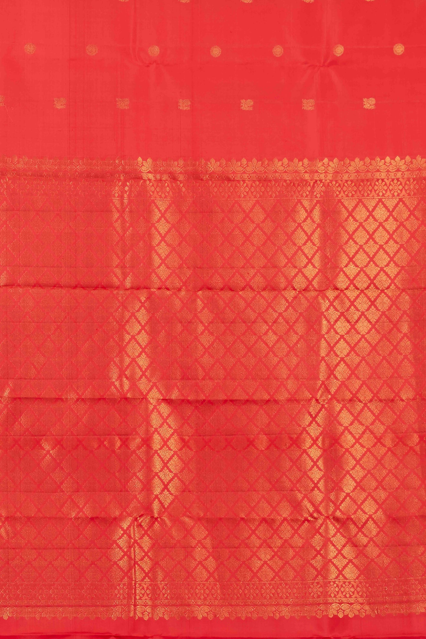 Tomato Red Kanchipuram Borderless Pure Silk Saree with Zari Body Buttas
