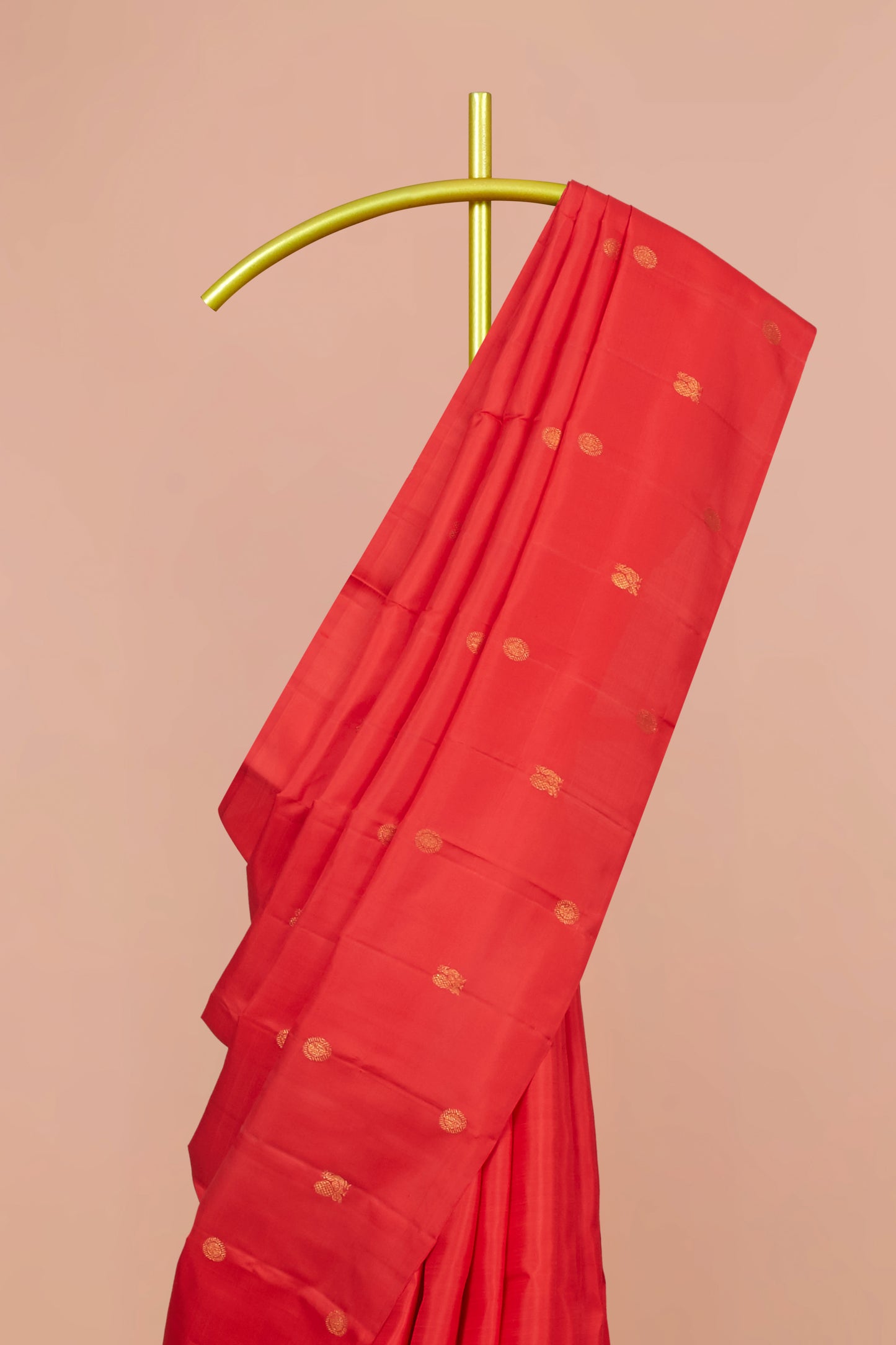 Tomato Red Kanchipuram Borderless Pure Silk Saree with Zari Body Buttas