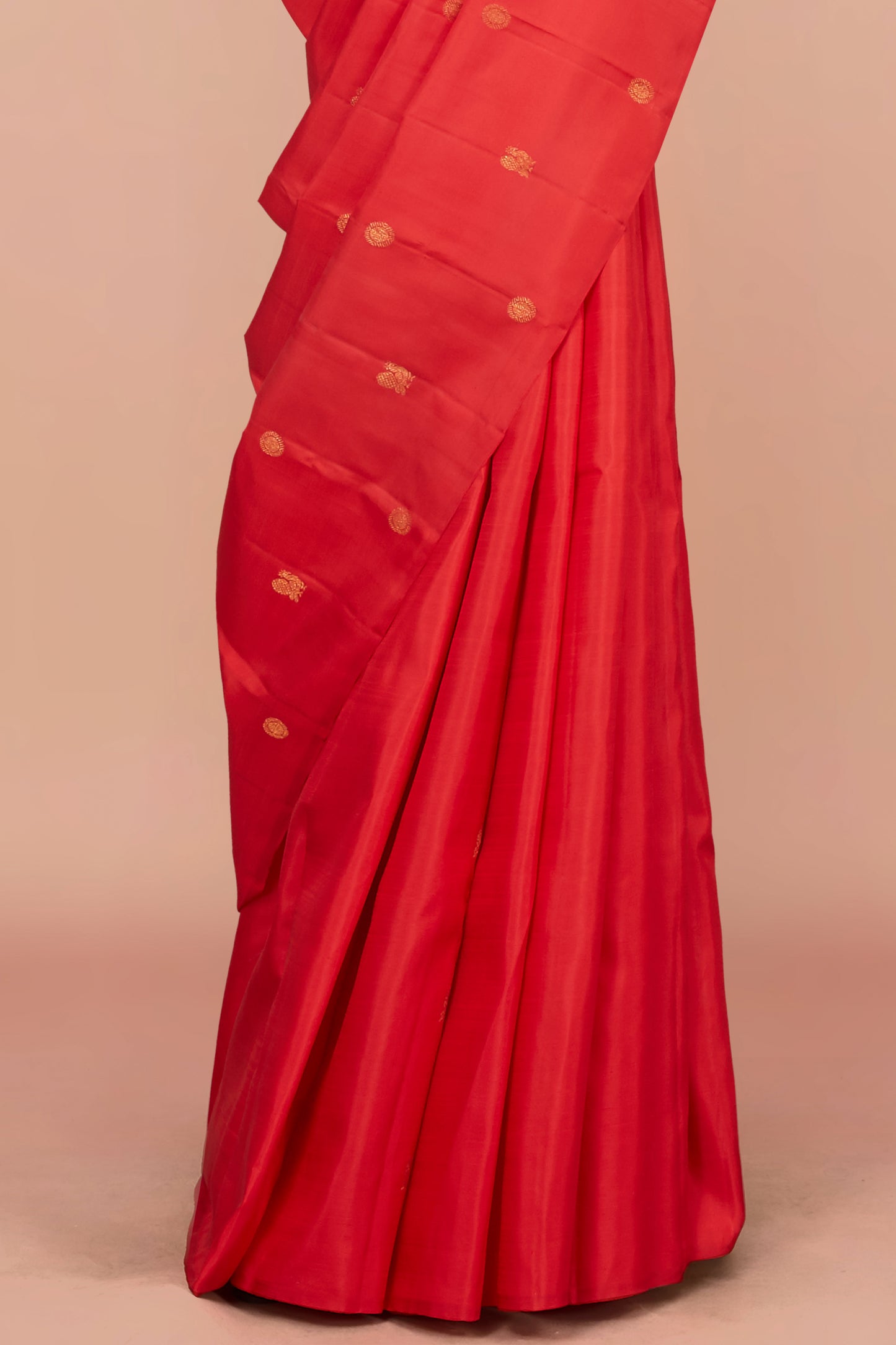 Tomato Red Kanchipuram Borderless Pure Silk Saree with Zari Body Buttas