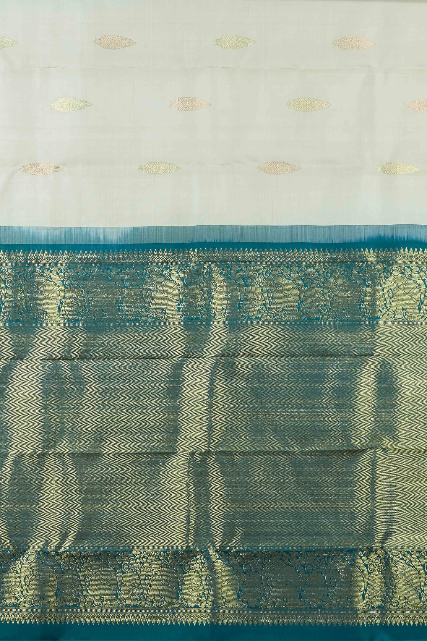 Ivory & Teal Borderless Kanchipuram Pure Silk Saree with Zari Body Buttas