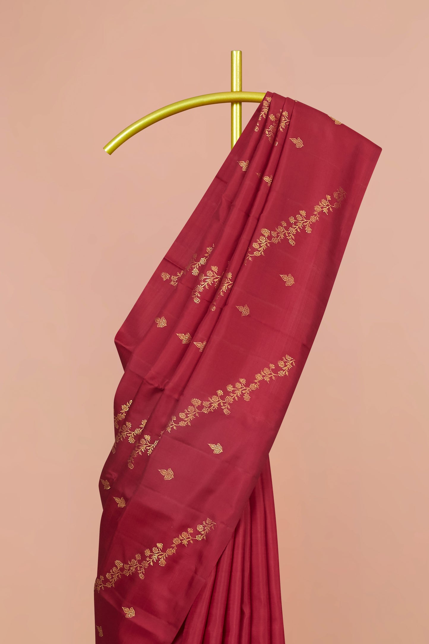 Deep Wine Kanchipuram Borderless Pure Silk Saree with Zari Floral Buttas