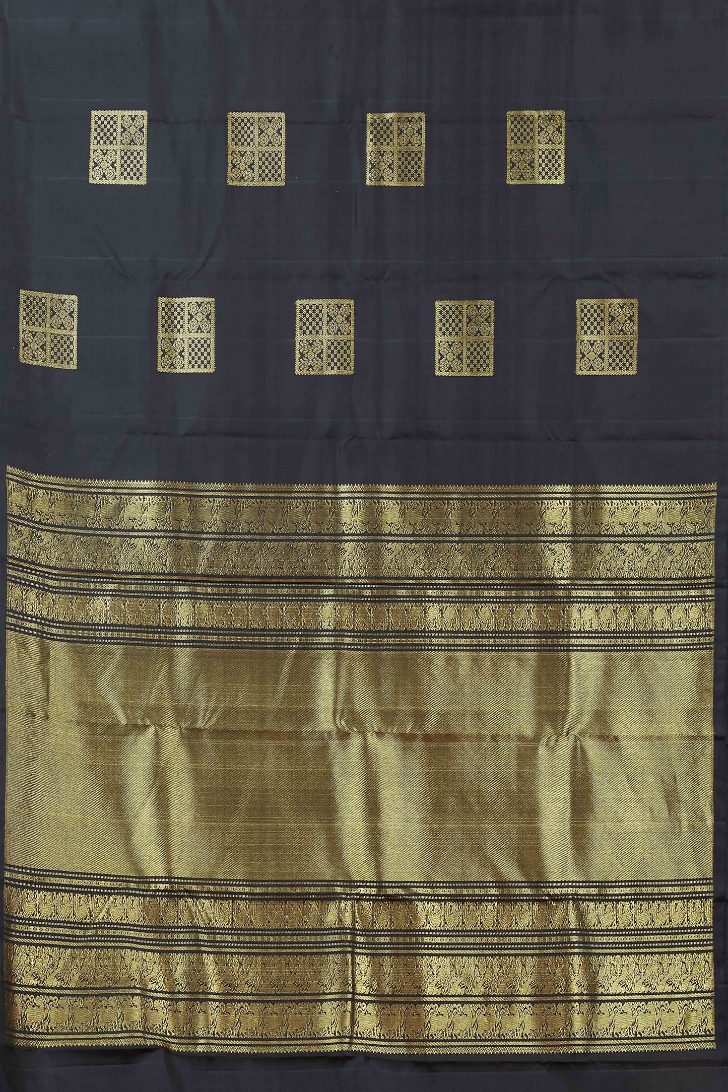 Elegant Black Kanchipuram Borderless Pure Silk Saree with Geometric Zari Buttas