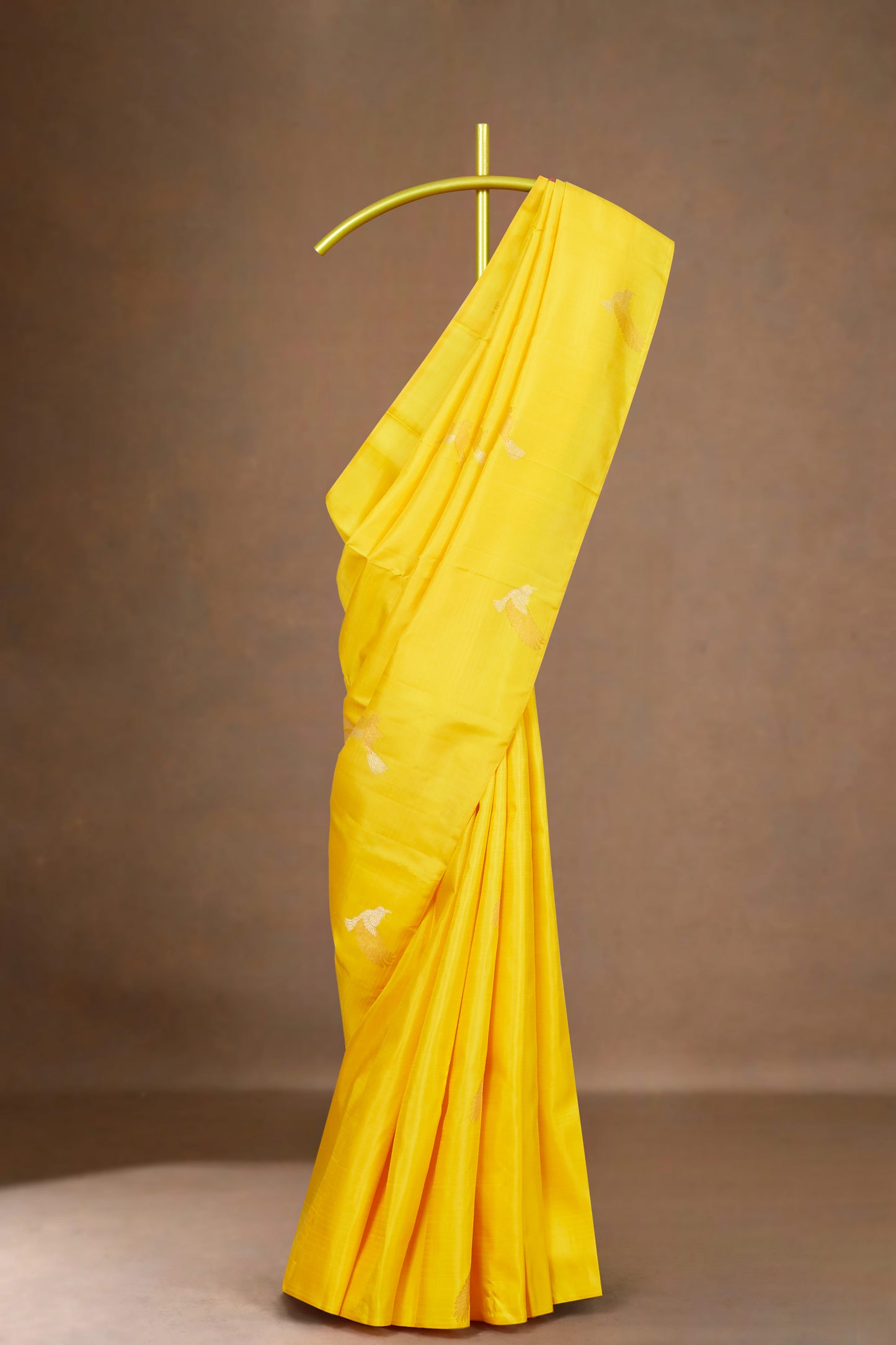 Sunshine Yellow Borderless Kanchipuram Pure Silk Saree with Silver Zari Bird Motif Buttas