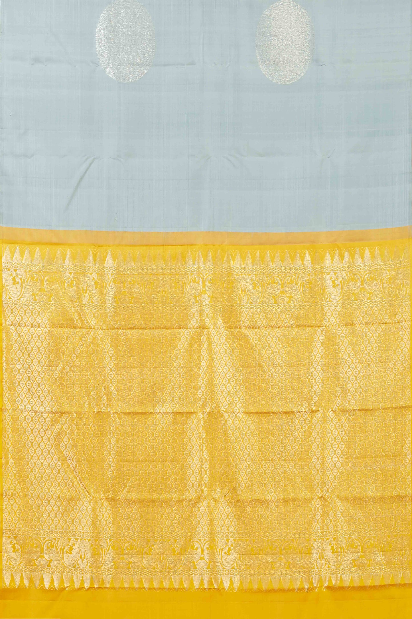 Soft Grey Kanchipuram Borderless Pure Silk Saree with Gold Round Body Buttas