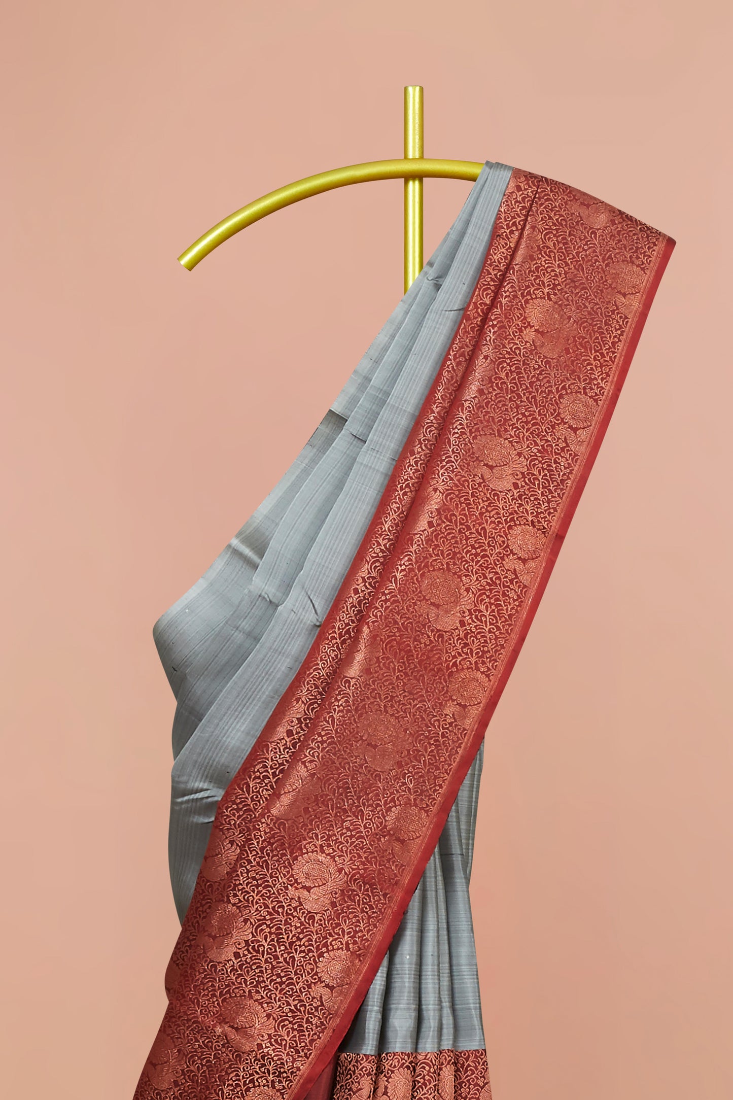 Kanchipuram Traditional Silk Saree in Light Blue with Gold Zari Buttas and Contrast Maroon Long Border.