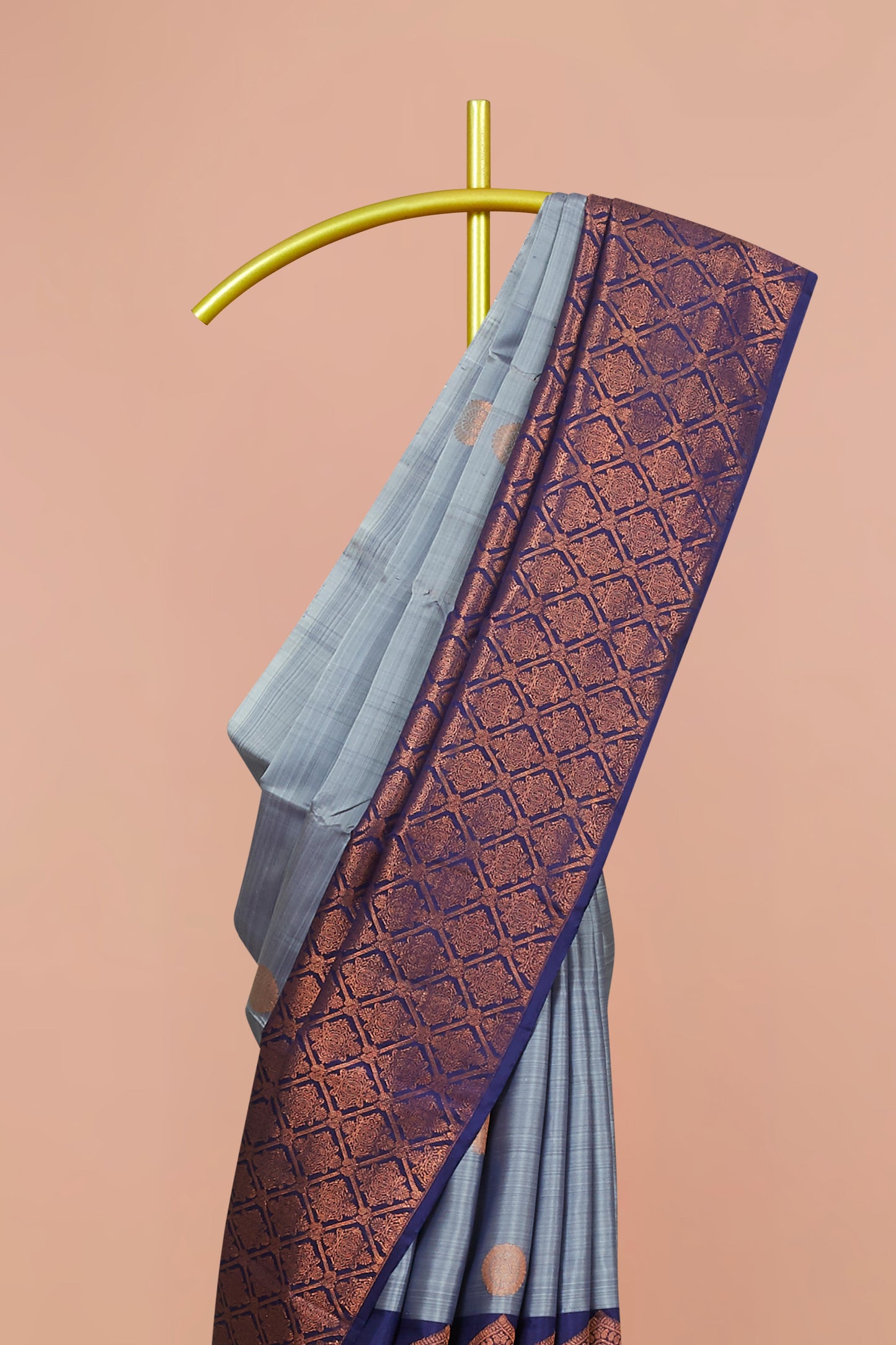 Kanchipuram Traditional Silk Saree in Light Blue with Gold Zari Buttas and Contrast Purple Long Border.