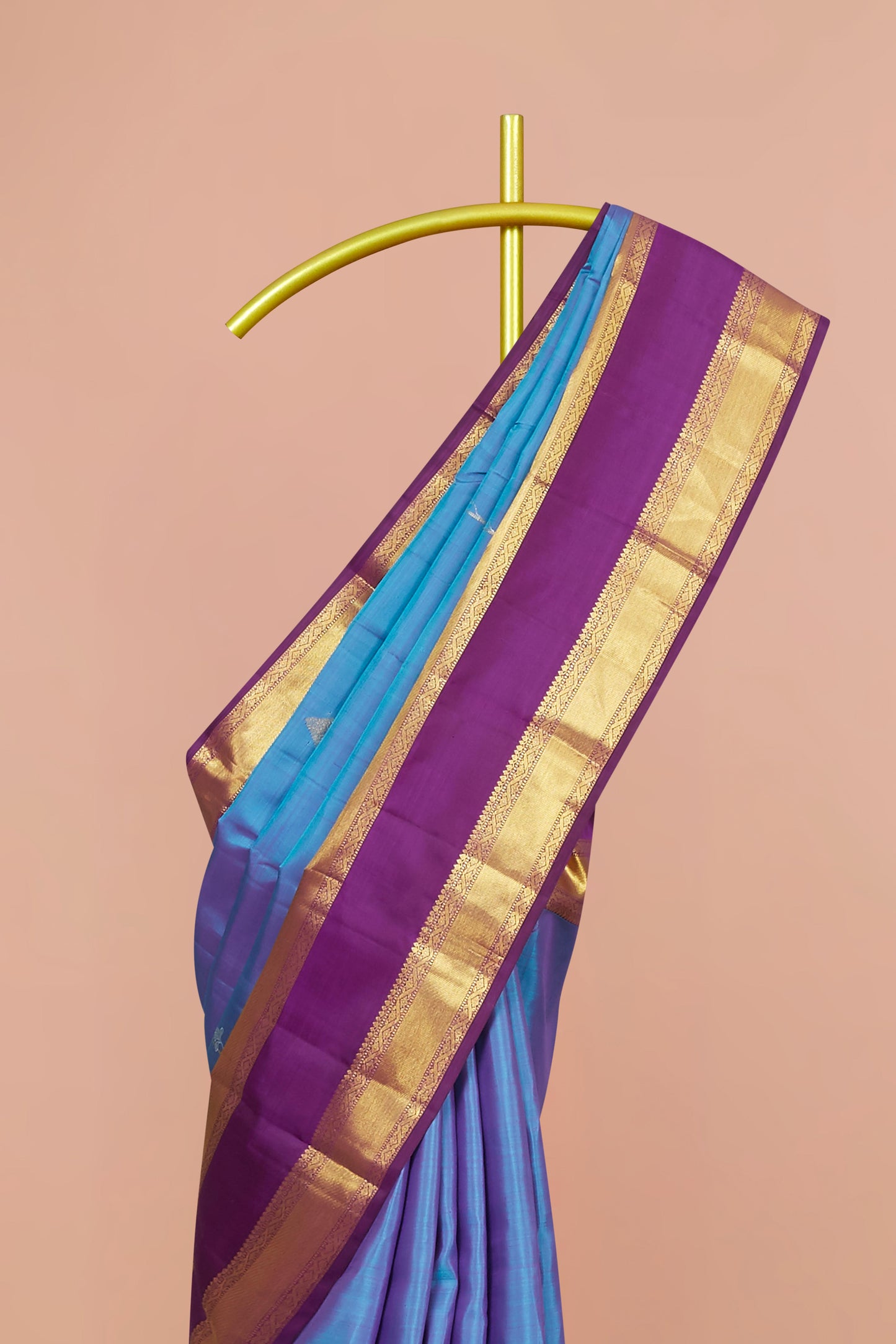 Kanchipuram Pure Silk Saree in Bright Sky Blue with Small Zari Buttas and Contrast Royal Purple-Gold Border