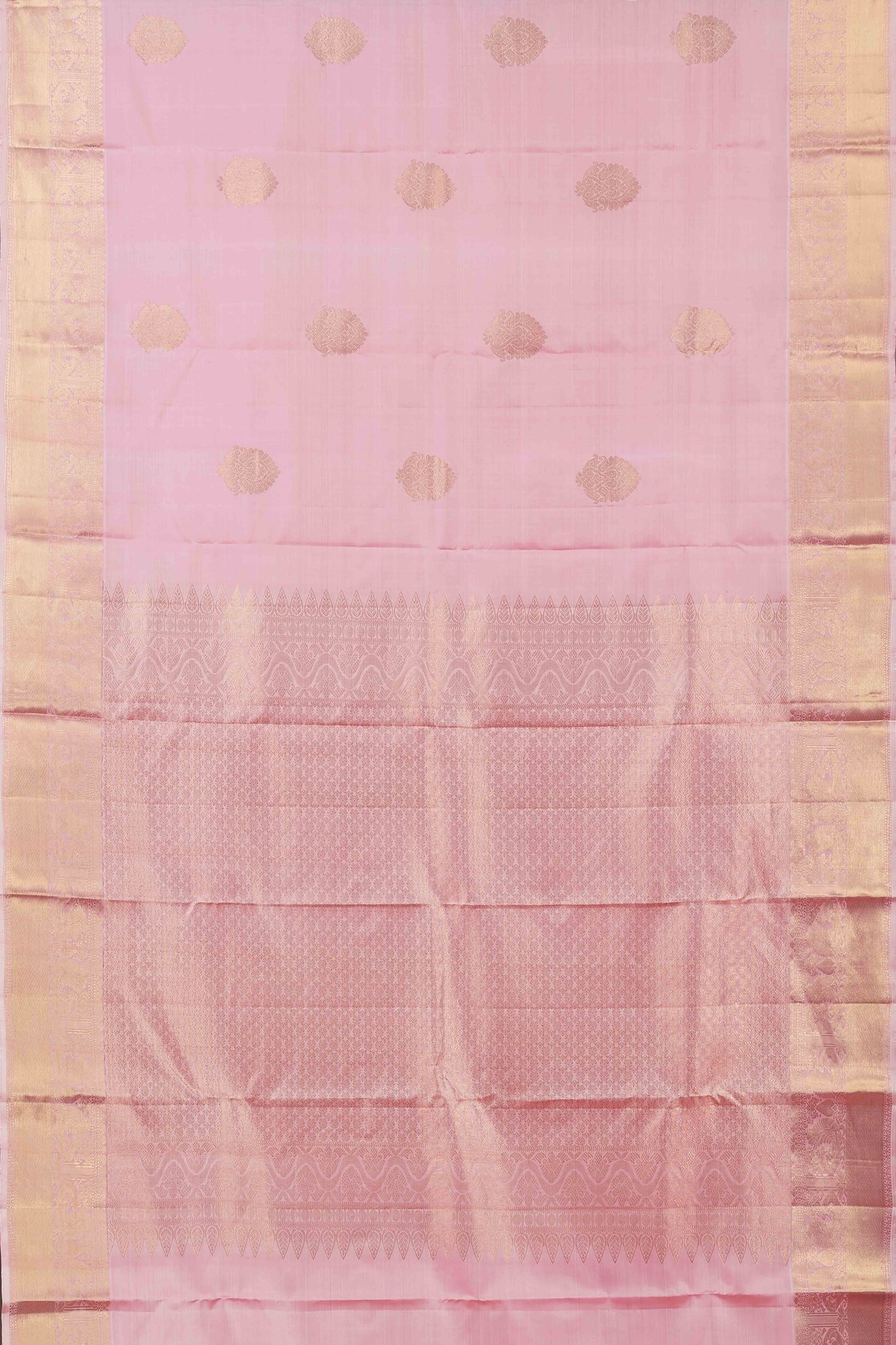 Kanchipuram Soft Pink Pure Silk Saree with Subtle Gold Zari Buttas and Elegant Contrast Border