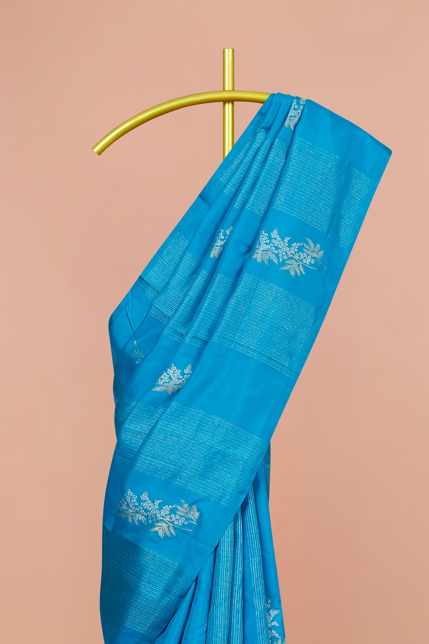 Sky Blue Borderless Kanchipuram Pure Silk Saree with Silver Zari Body Buttas