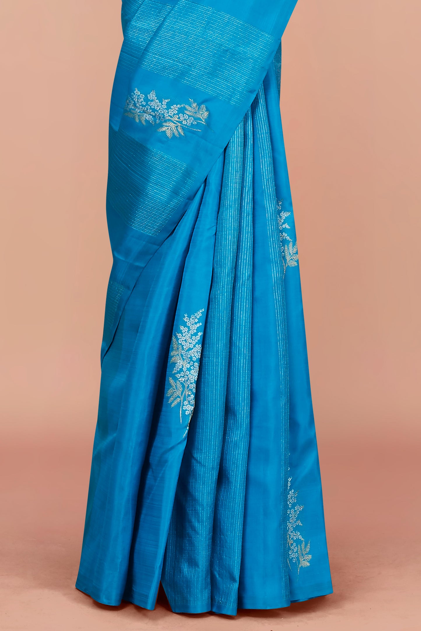 Sky Blue Borderless Kanchipuram Pure Silk Saree with Silver Zari Body Buttas