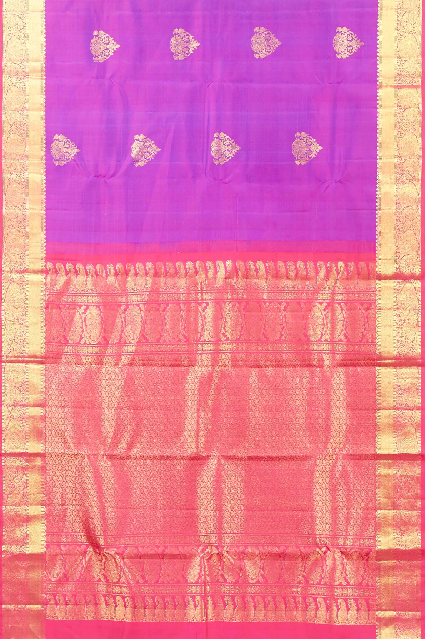Kanchipuram Traditional Pure Silk Saree in Vibrant Magenta with Gold Zari Buttas and Contrasting Pink-Gold Border
