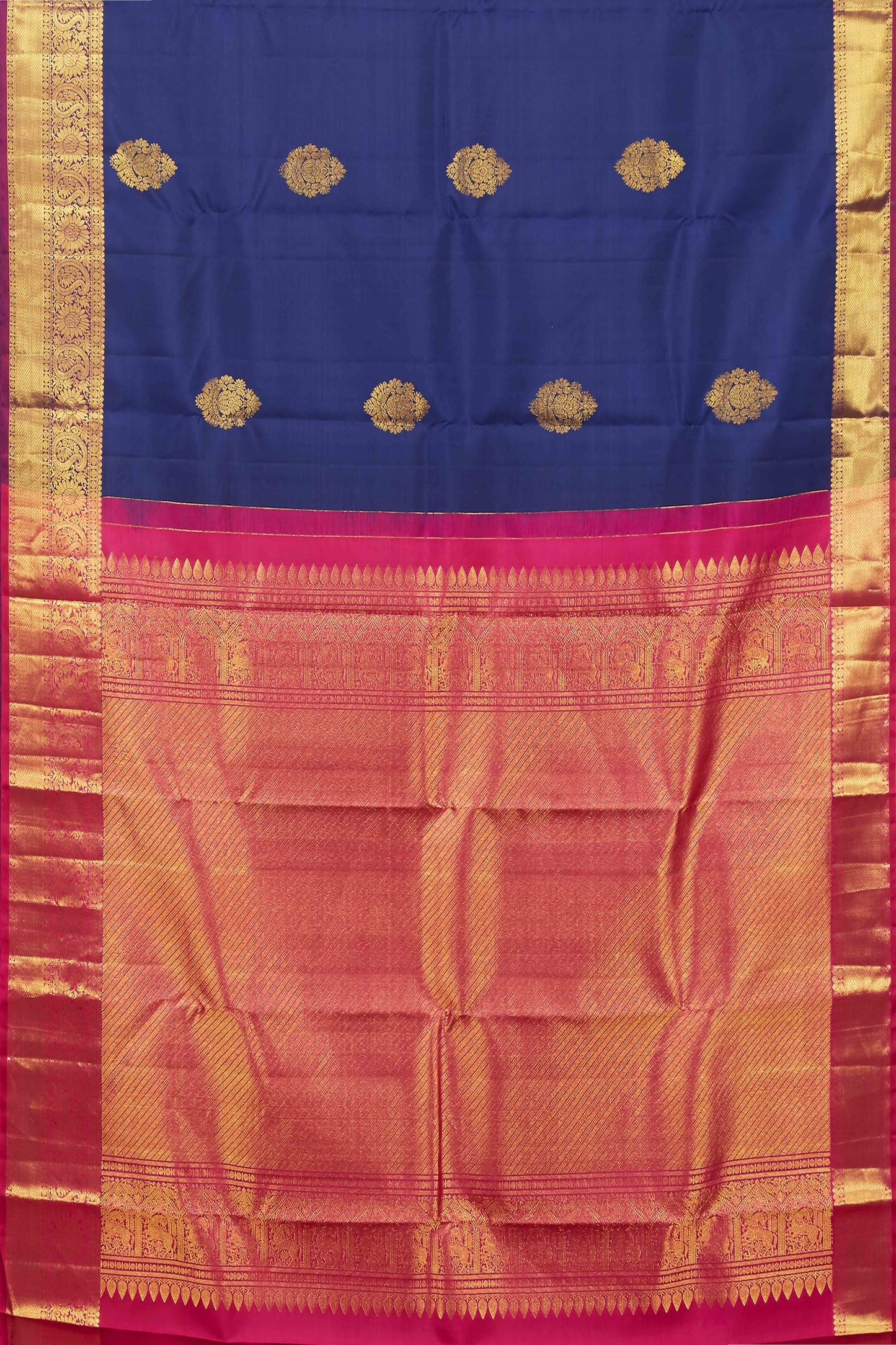 Kanchipuram Handwoven Royal Blue Silk Saree with Gold Zari Buttas and Rich Contrast Pink Border