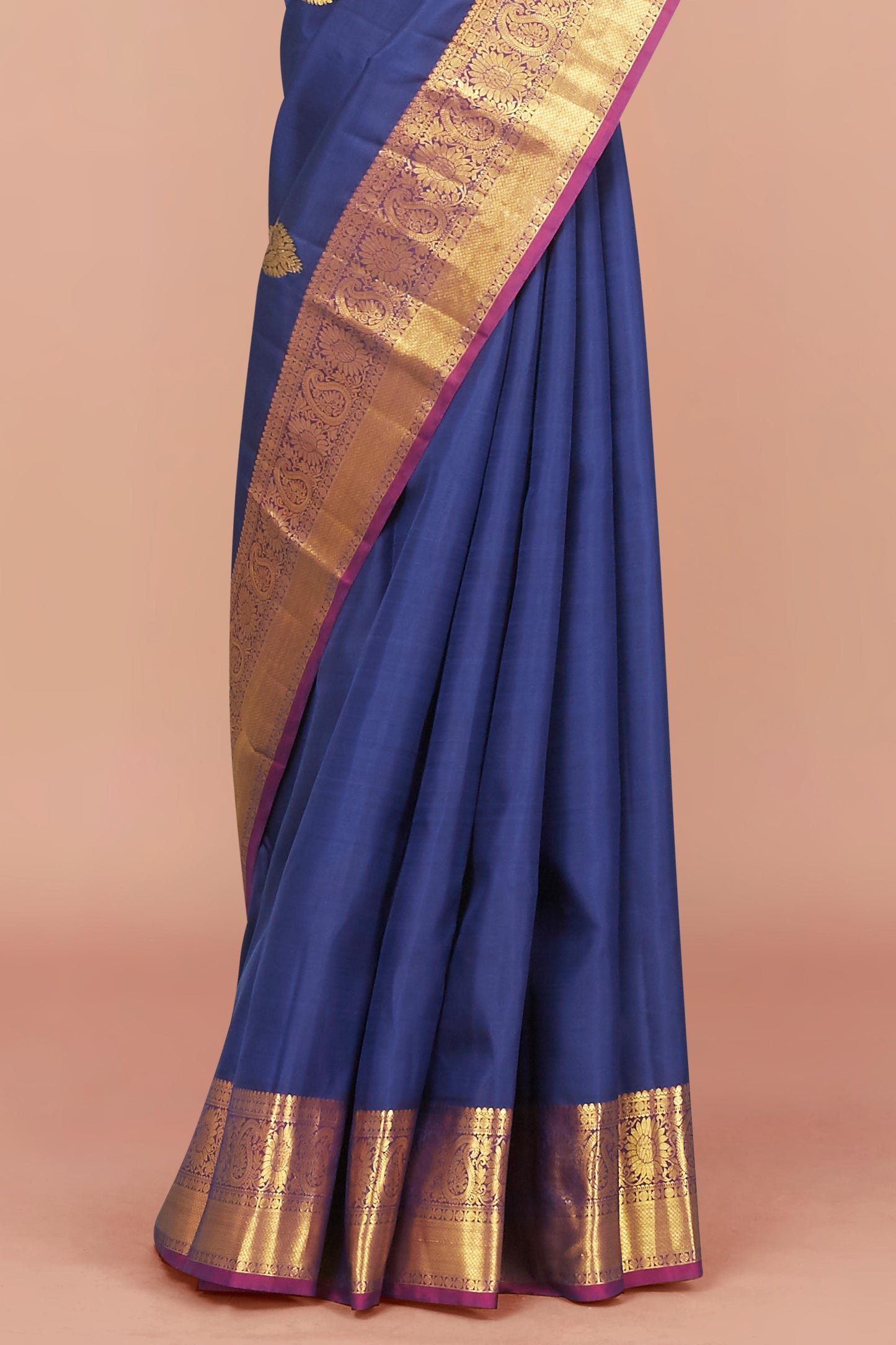 Kanchipuram Handwoven Royal Blue Silk Saree with Gold Zari Buttas and Rich Contrast Pink Border