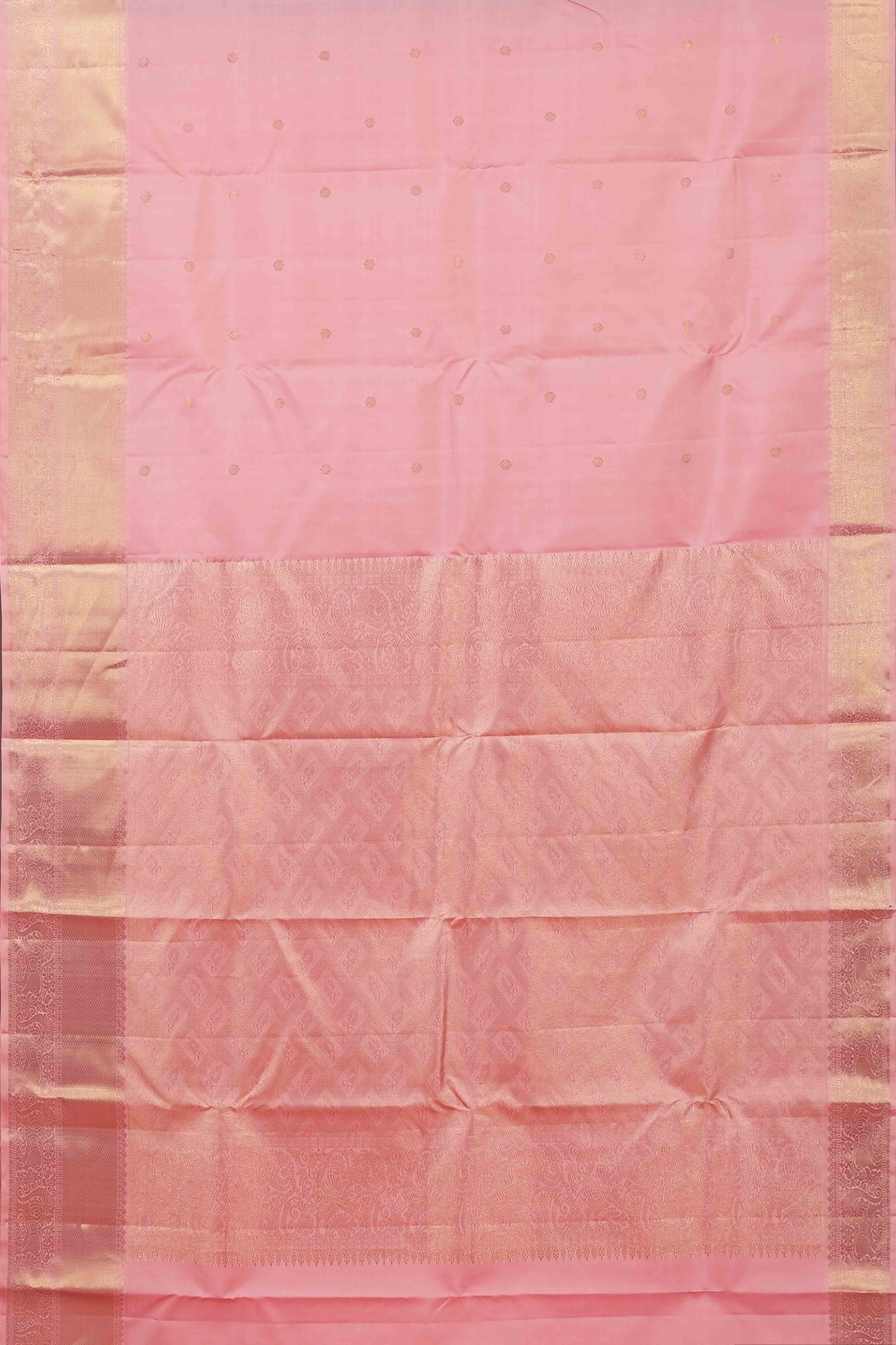 Blush Pink Kanchipuram Silk Saree with Lustrous Gold Zari Weaving and Subtle Contrast Border