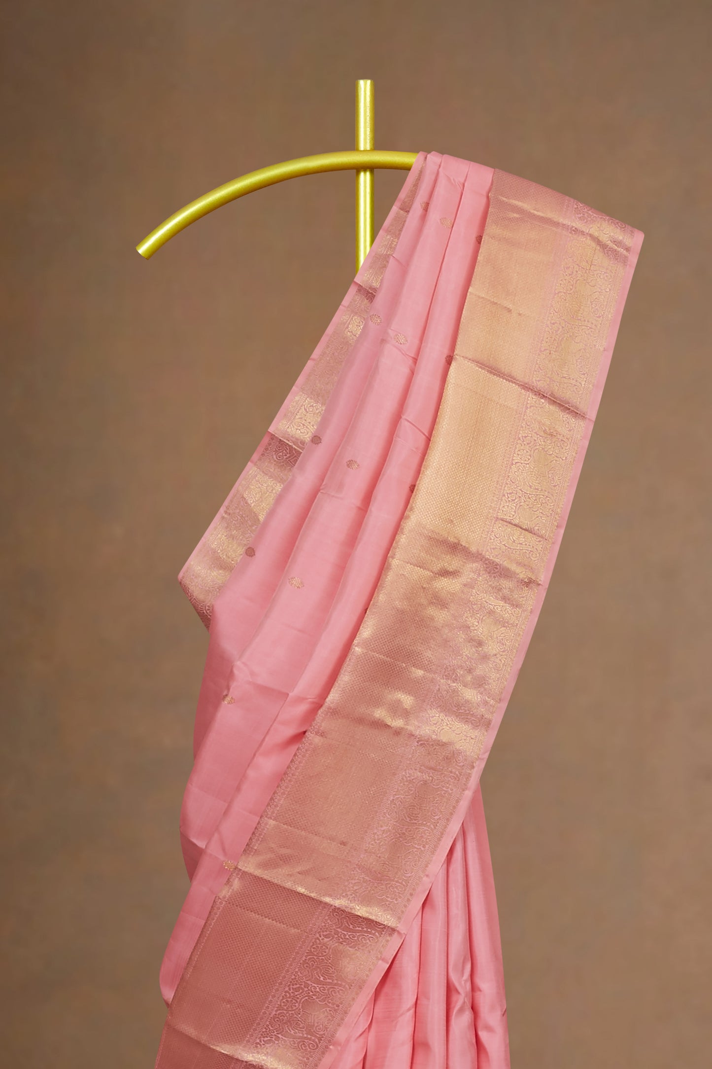 Blush Pink Kanchipuram Silk Saree with Lustrous Gold Zari Weaving and Subtle Contrast Border