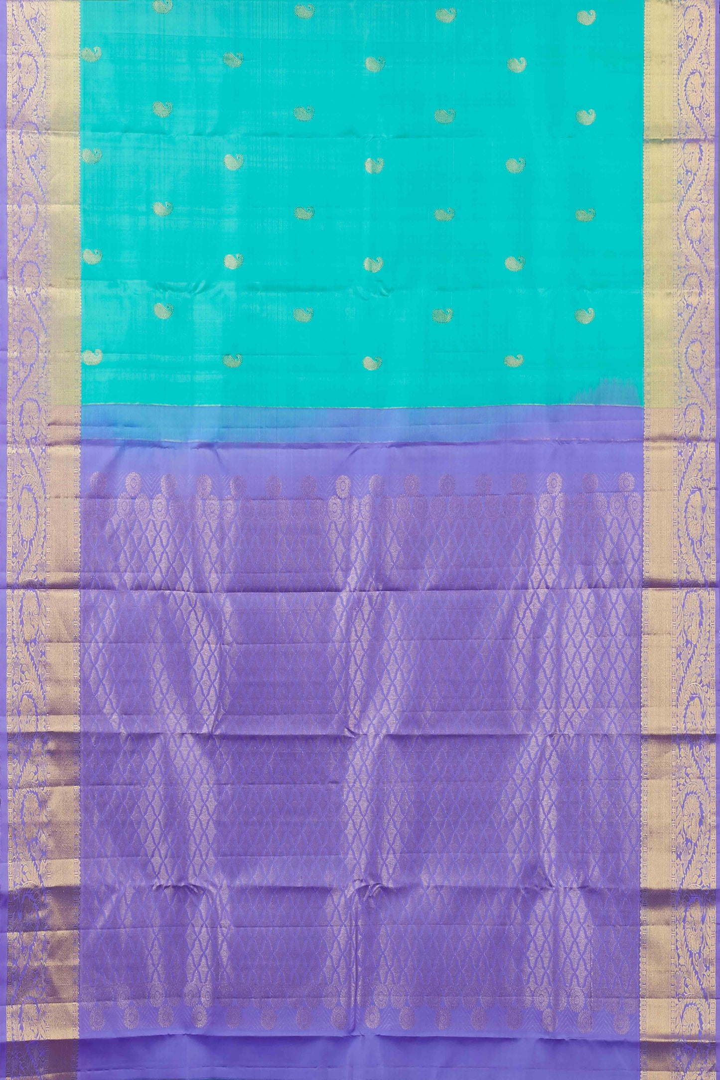 Turquoise Blue Kanchipuram Silk Saree with Intricate Silver Zari Buttas and Purple Contrast Border