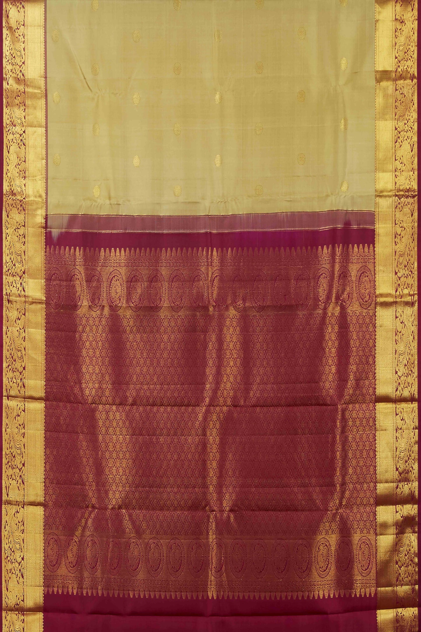 Olive Green Pure Kanchipuram Silk Saree with Handwoven Gold Zari and Rich Maroon Contrast Border