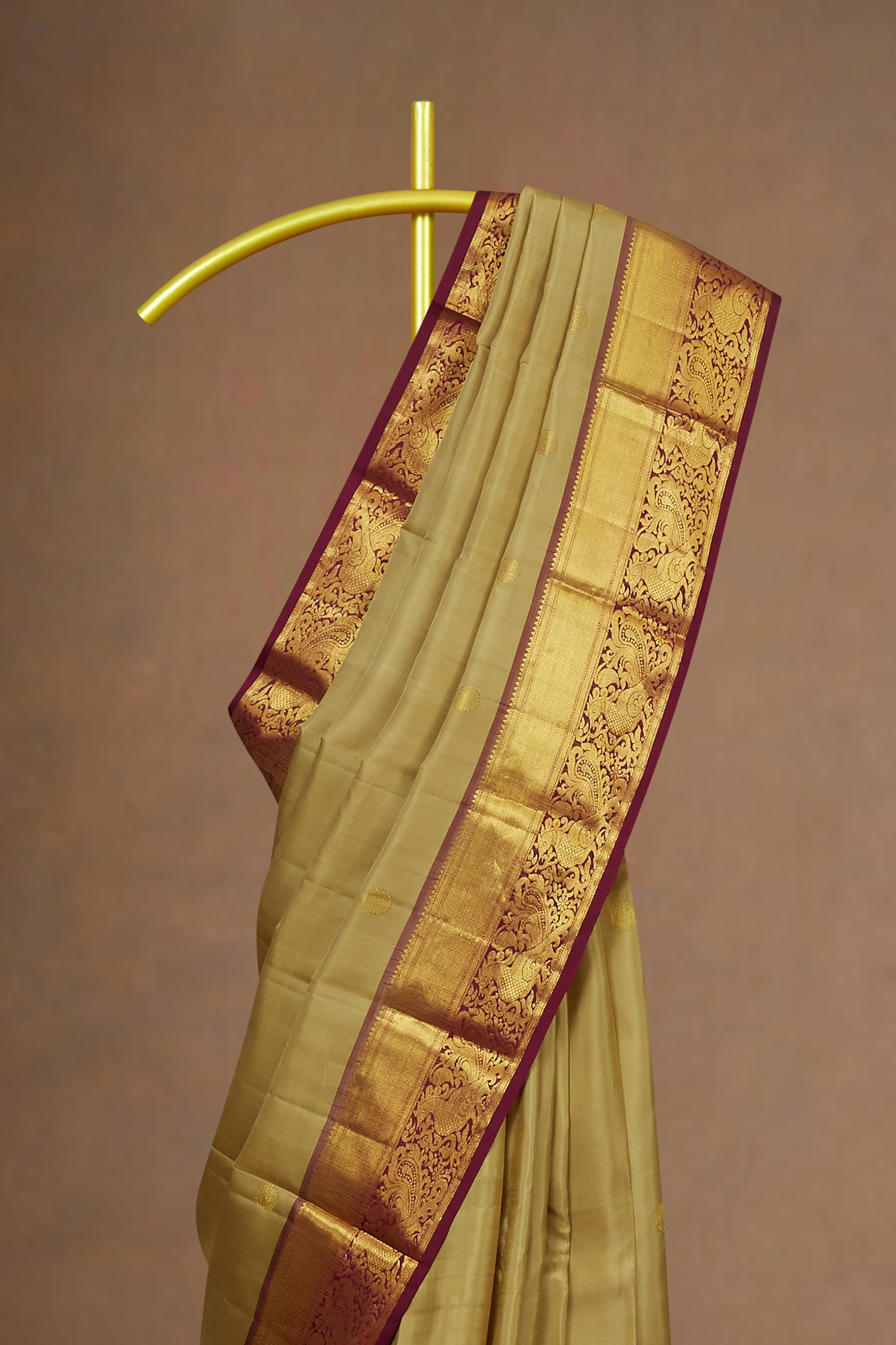 Olive Green Pure Kanchipuram Silk Saree with Handwoven Gold Zari and Rich Maroon Contrast Border