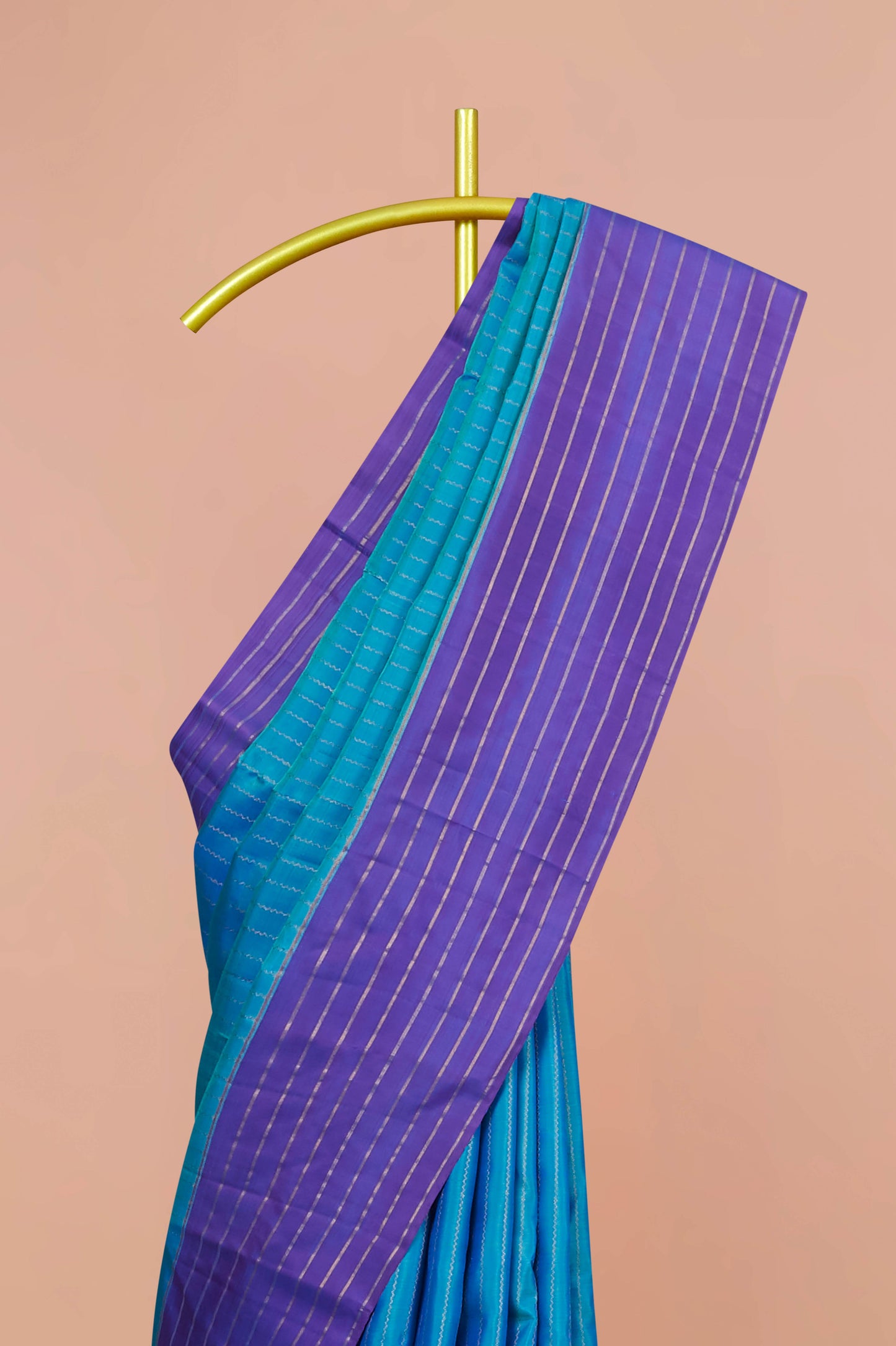 Kanchipuram Vairaoosi and Checks Silk Saree in Peacock Blue with Contrast Purple Border and Golden Stripes