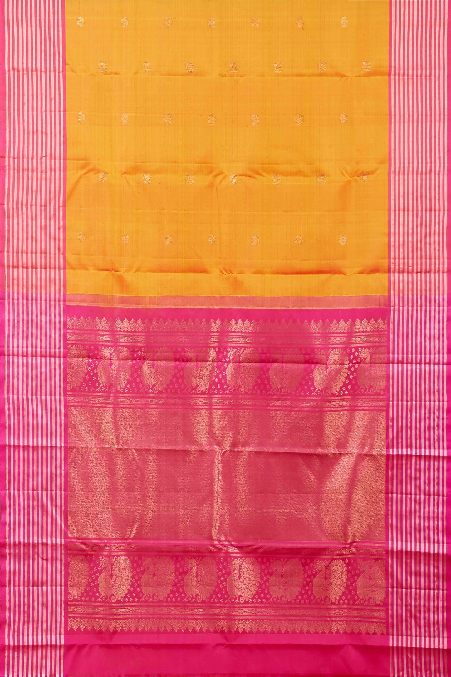 Kanchipuram Vairaoosi and Checks Silk Saree in Bright Orange with Contrast Pink Border and Body Buttas