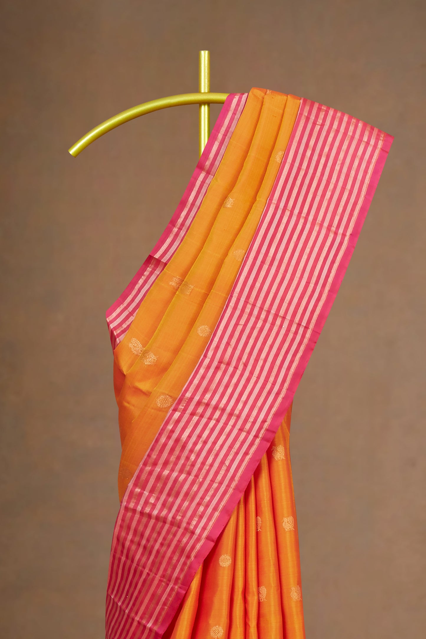 Kanchipuram Vairaoosi and Checks Silk Saree in Bright Orange with Contrast Pink Border and Body Buttas