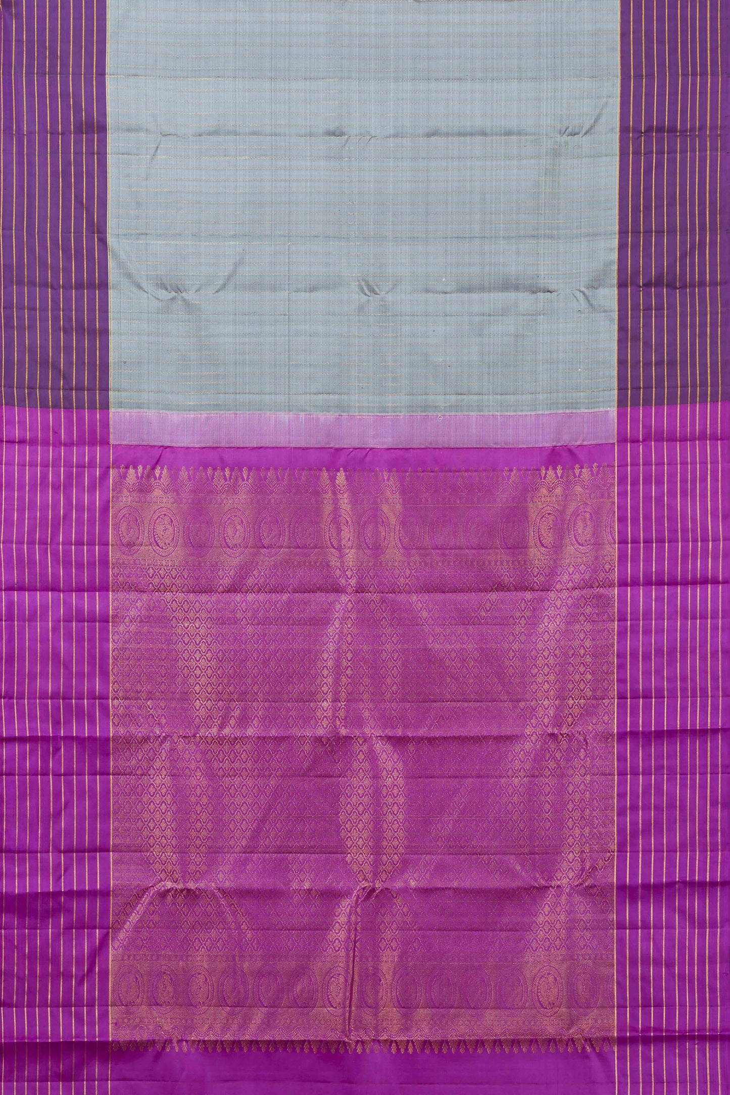 Kanchipuram Vairaoosi and Checks Silk Saree in Grey with Contrast Purple Border and Small Buttas