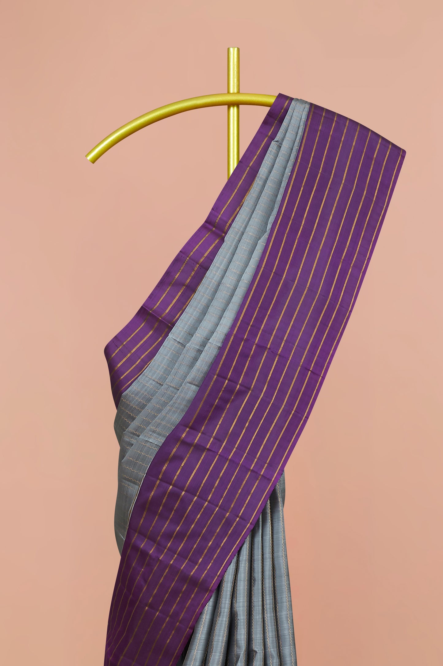 Kanchipuram Vairaoosi and Checks Silk Saree in Grey with Contrast Purple Border and Small Buttas