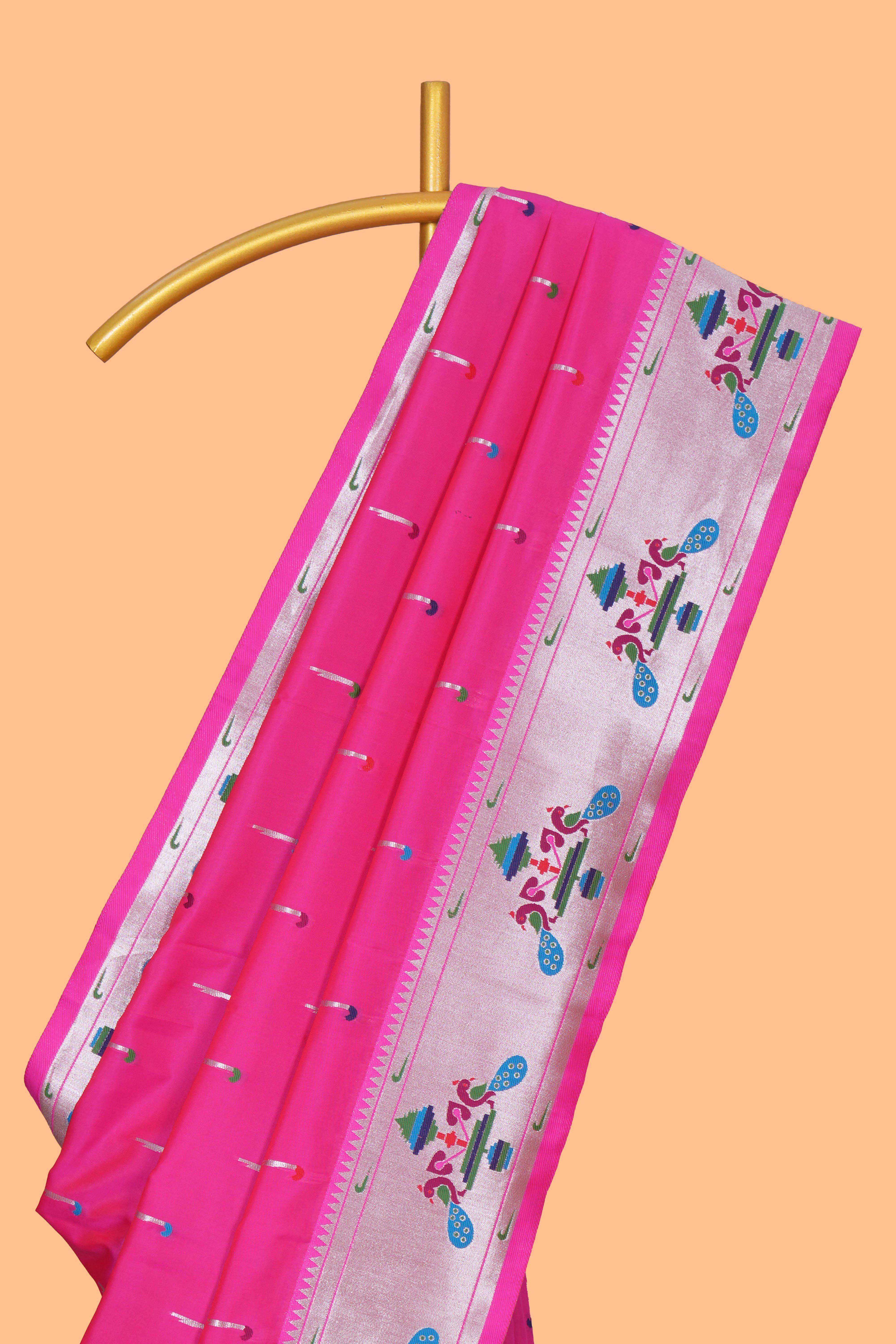 Pink zari motifs design paithani silk saree with self zari border and matching blouse