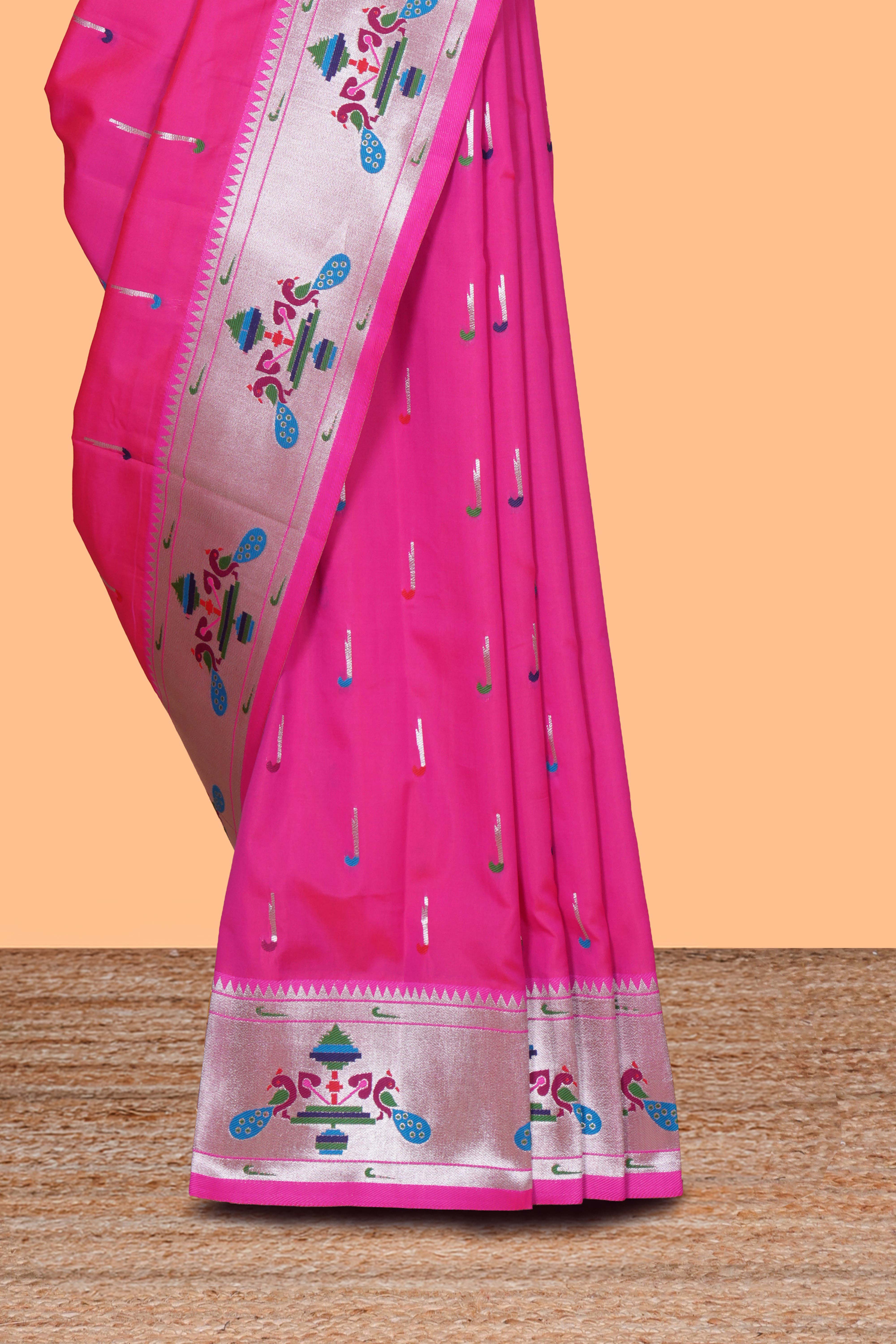 Pink zari motifs design paithani silk saree with self zari border and matching blouse