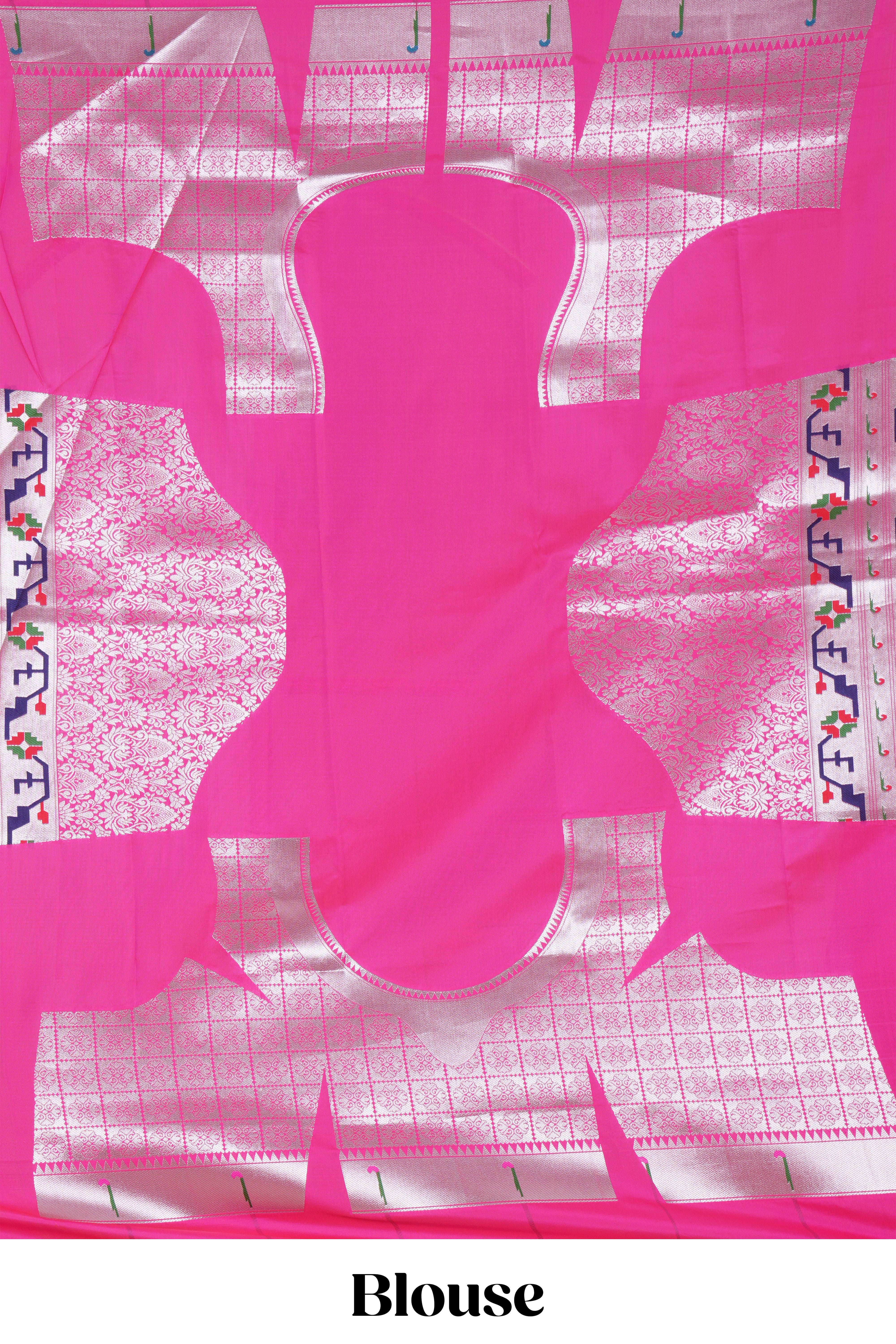 Pink zari motifs design paithani silk saree with self zari border and matching blouse